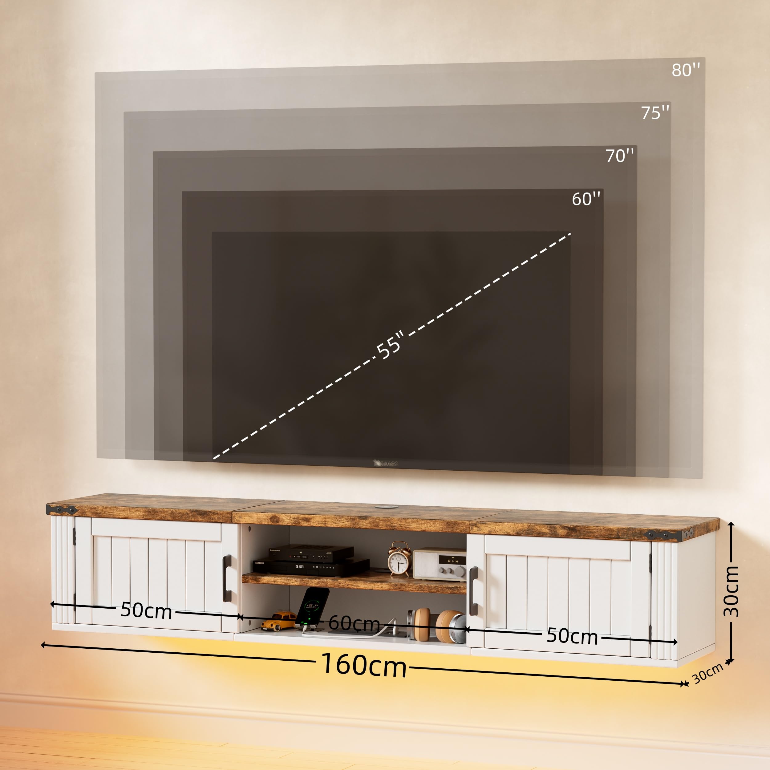 Mobile Porta TV Sospeso con Striscia di Alimentazione e Luci LED, Mobiletto TV a Muro Stile Rustico Farmhouse, Console Multimediale Fluttuante con Ante per Soggiorno, Bianco e Legno