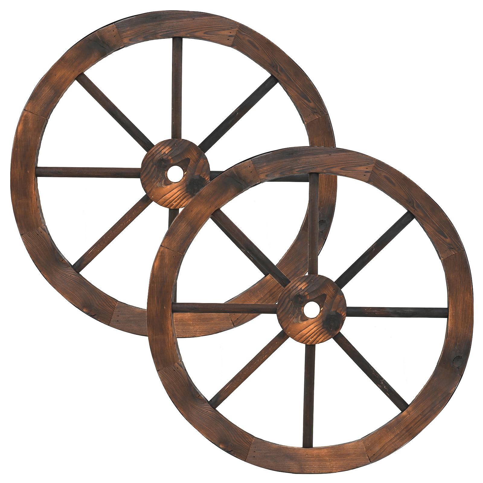 TANGZON 2/4PCS Decorative Wooden Wheels, Vintage Garden Wood Wagon Wheel with Iron Rim, Round Hanging Wood Cartwheel Wall Decoration for Home Bar Restaurant Studio (2PCS, 60 x 60 x 3 cm)