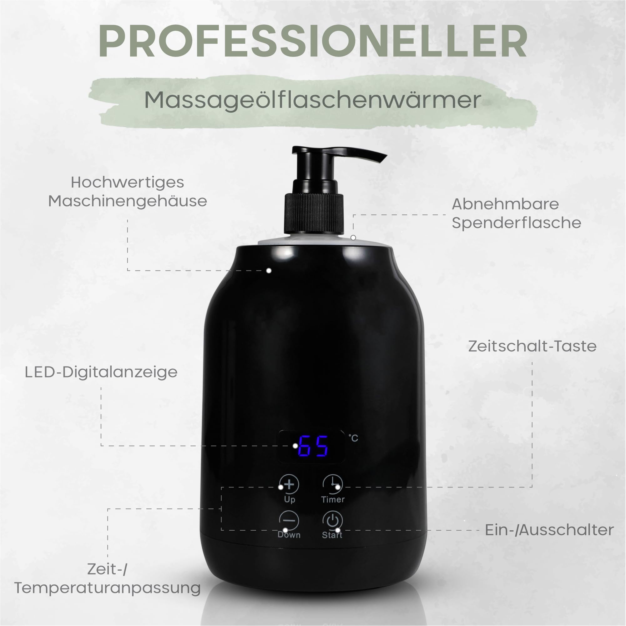 Scaldaolio da Massaggio | Bottiglia di Plastica Esterna (2x) | Per Olio da Massaggio e Oli Essenziali | Einstellbare Temperatur (30-65 Grad) | Massaggio Benessere e Relax | Scaldino Elegante (Nero)