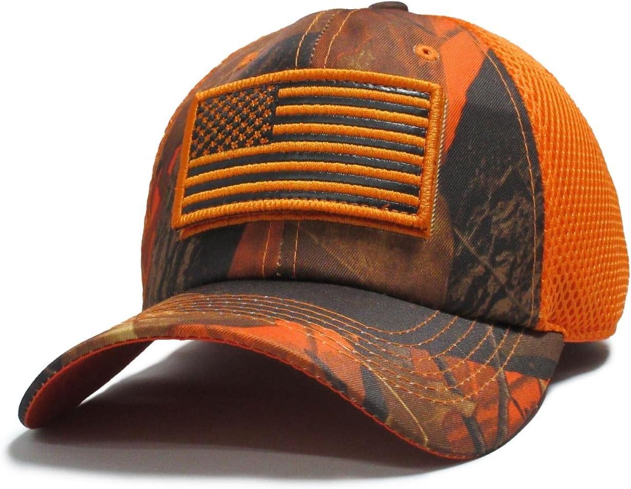USA Flag Hat Hunter Orange Blaze Hunting Detachable Patch Micro Mesh Cap - Image 4