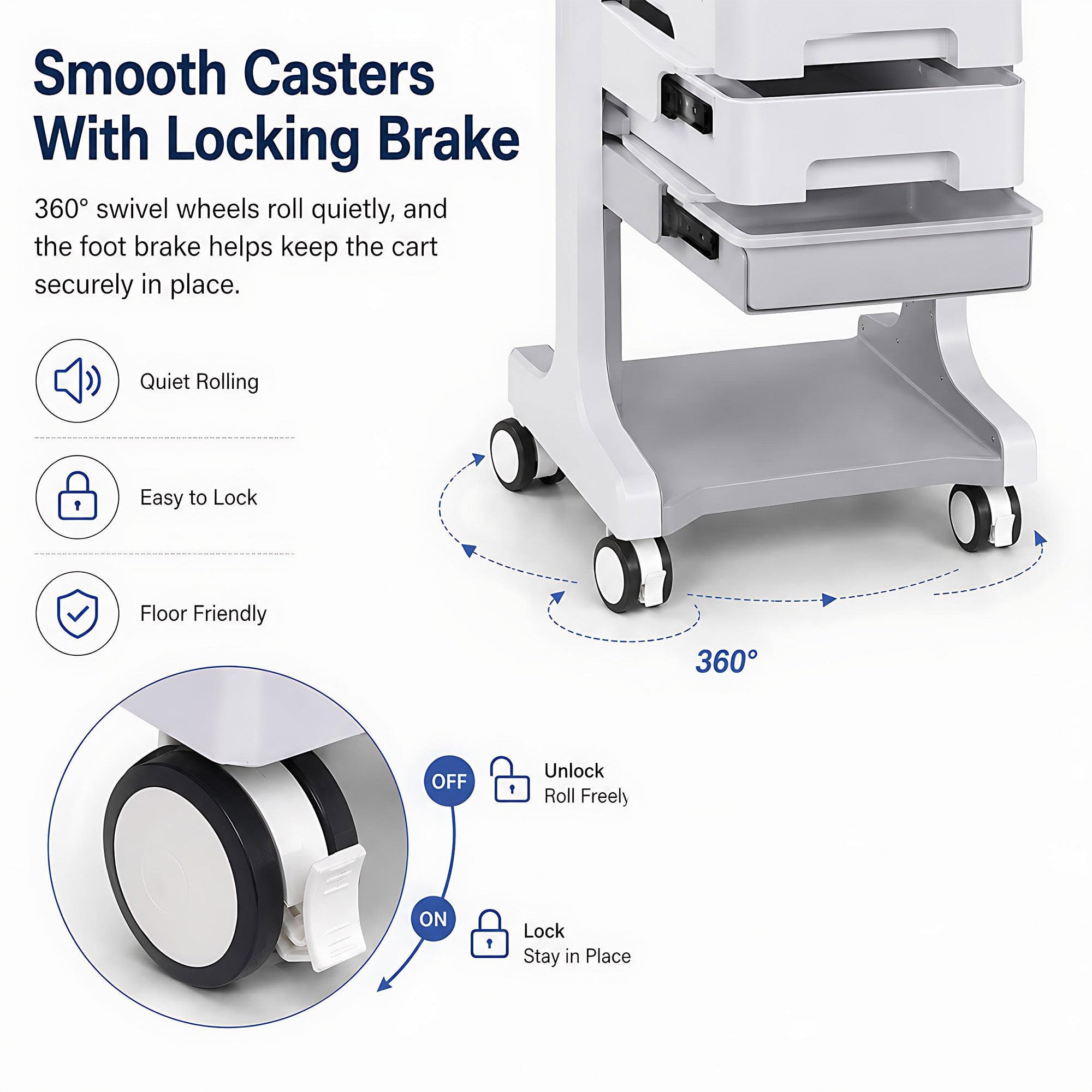 Carrello laboratorio 3 piani 2 cassetti, 50 kg, freni, per ambulatorio Grey | Design compatto e ingombro ridotto. Adatto a studi medici, ospedali, centri estetici, saloni di parrucchiere e laboratori.