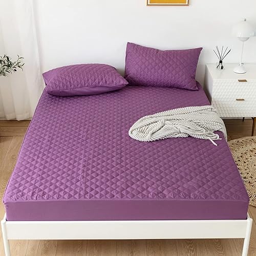 jejeloiu Protector de colchón acolchado morado, 100% impermeable, transpirable, tamaño individual, protector de colchón de 14 pulgadas de