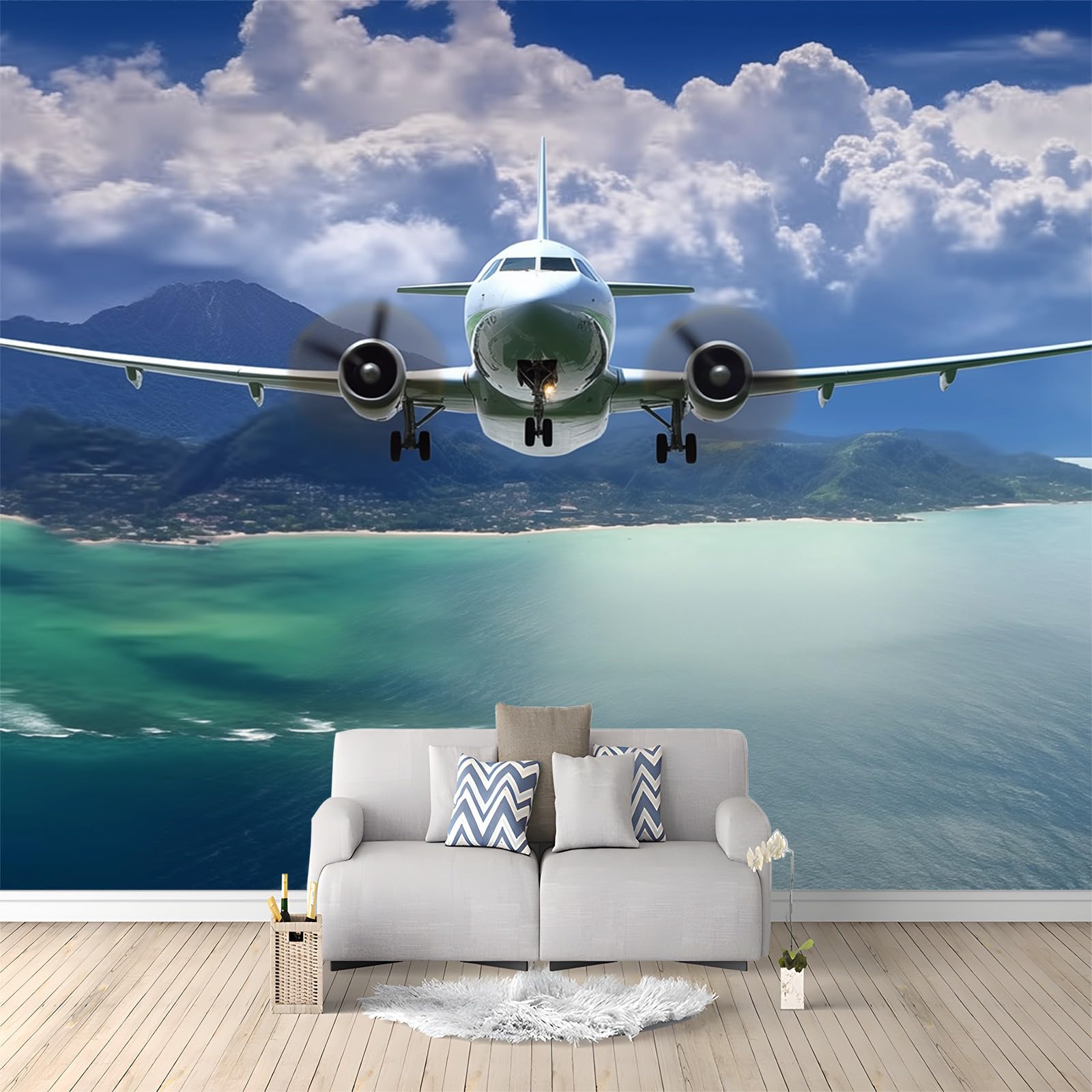 Kolorowa fototapeta, nowoczesny samolot białe chmury ocean nadruk fototapeta, mural 3D, dekoracja plakatu, materiał płócienny do salonu, sypialni, przedszkola, 400 x 280 cm (szer. x wys.)