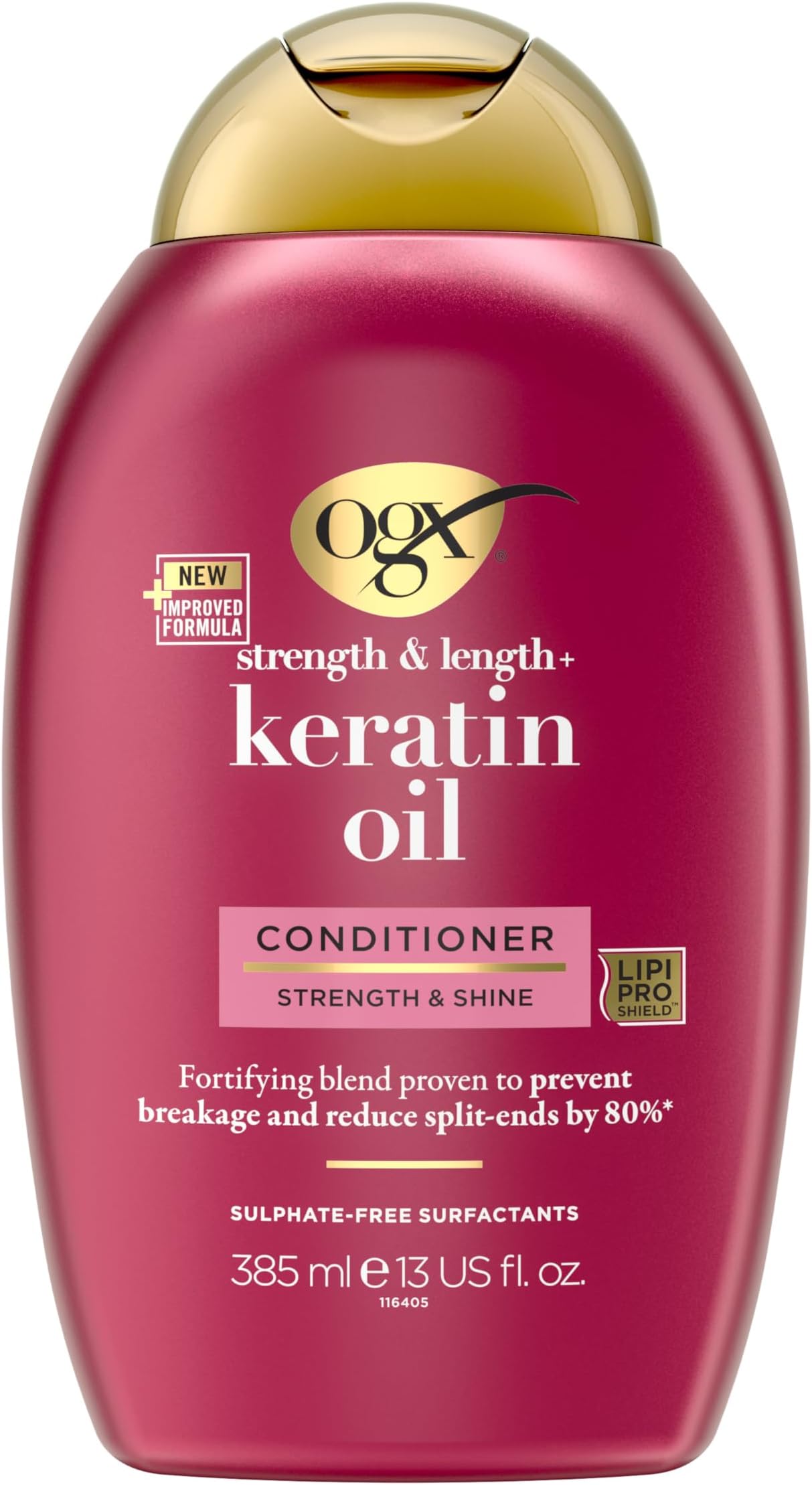 OGX Strength & Length with Keratin Oil Conditioner, Strength & Shine, Fortifying Blend, Prevents Breakage and Reduces Split Ends by 80percent, Sulfate Free, 385ml