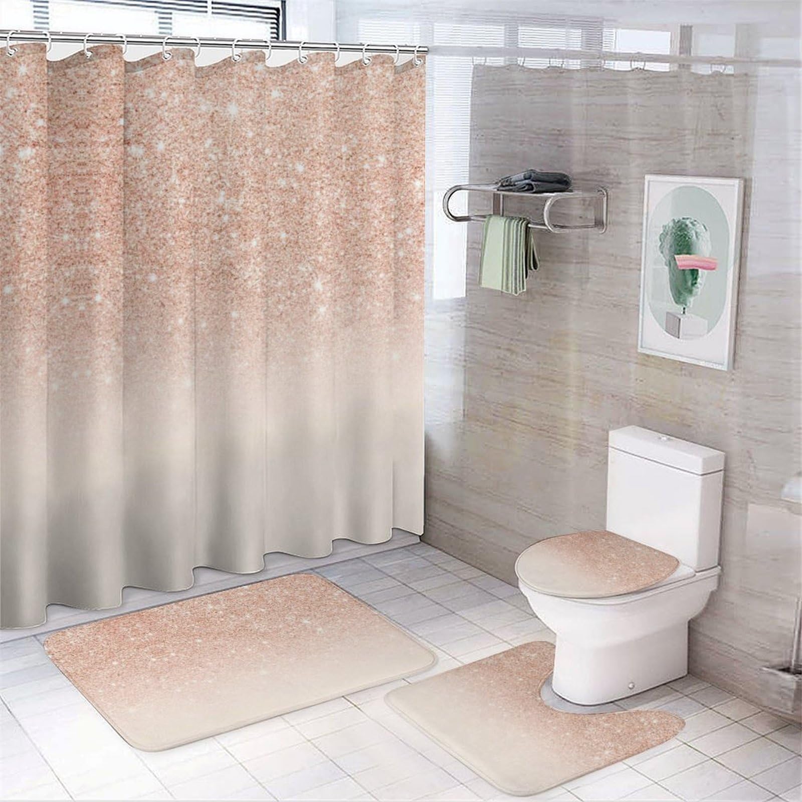 JZemdybill Bathroom Mat Set 4 Piece, Rose Gold Faux Glitter Shower Curtain with Non-Slip Bath Mats for Bathroom