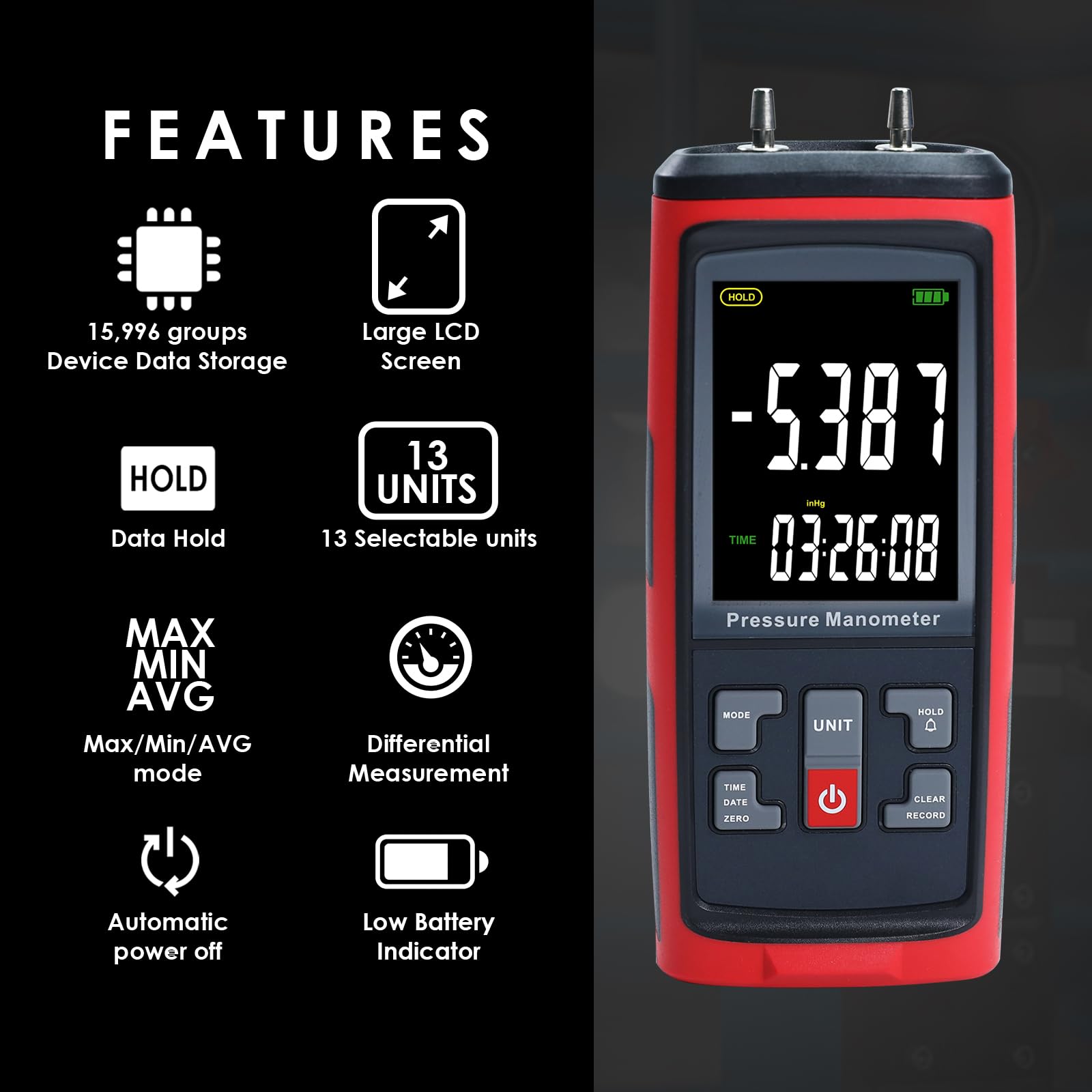 Manometro Digitale Differenziale 13 Unità bar mbar kPa psi per Aria e Gas, Tester HVAC con Gamma di Misura ±50 kPa, Registrazione Dati per Pneumatica, Compressori, Valvole e Serbatoi