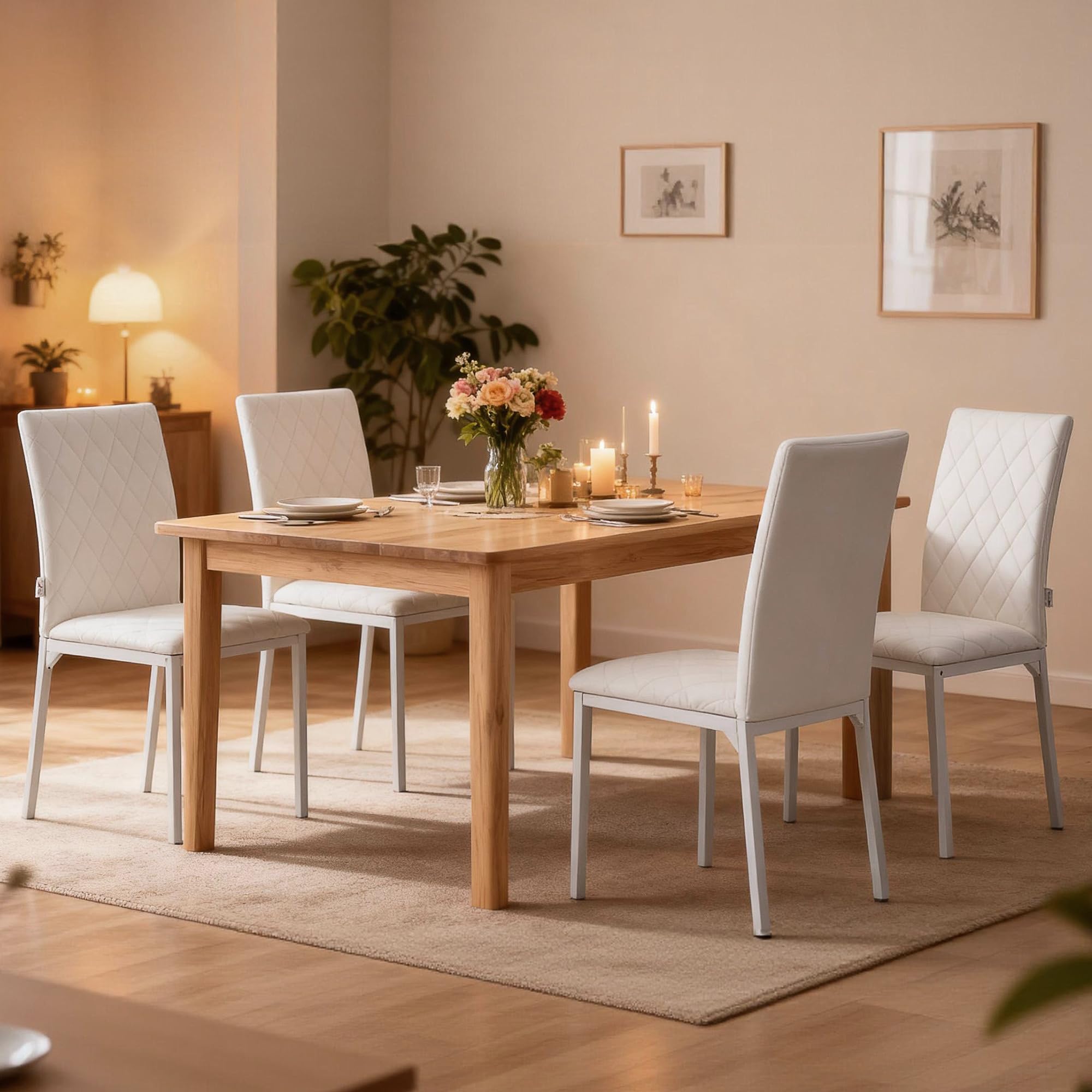 HOMCOM Lot de 4 Chaises de Salle à Manger Modernes, Rembourrées Blanc | Chaises de Cuisine, Capitonnage Rhombique, Pieds en Métal, pour Salon, Maison