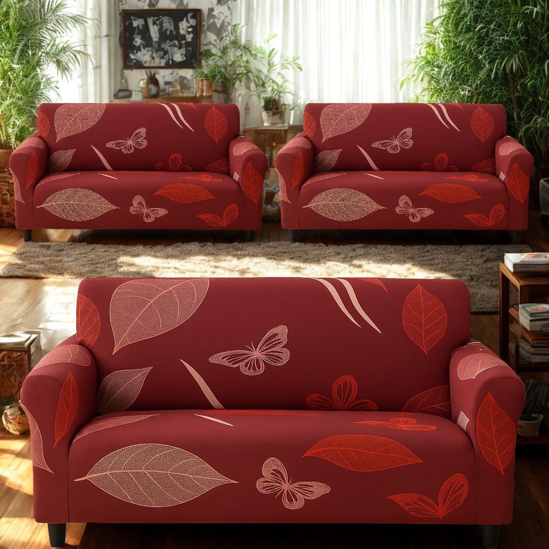 Homerz Premium Universal Elastic fit Sofa Cover Fully Covered, Non-Slip Sticky Elastic Stretchable Sofa Set Slipcover Protector (Maroon Leaf, 7 (3+2+2) Seater)