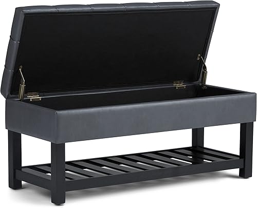 Miniatura 49 de SIMPLIHOME Saxon - Banco otomano rectangular de transición de 43 pulgadas de ancho en tela de aspecto de lino gris paloma, montado para la sala de