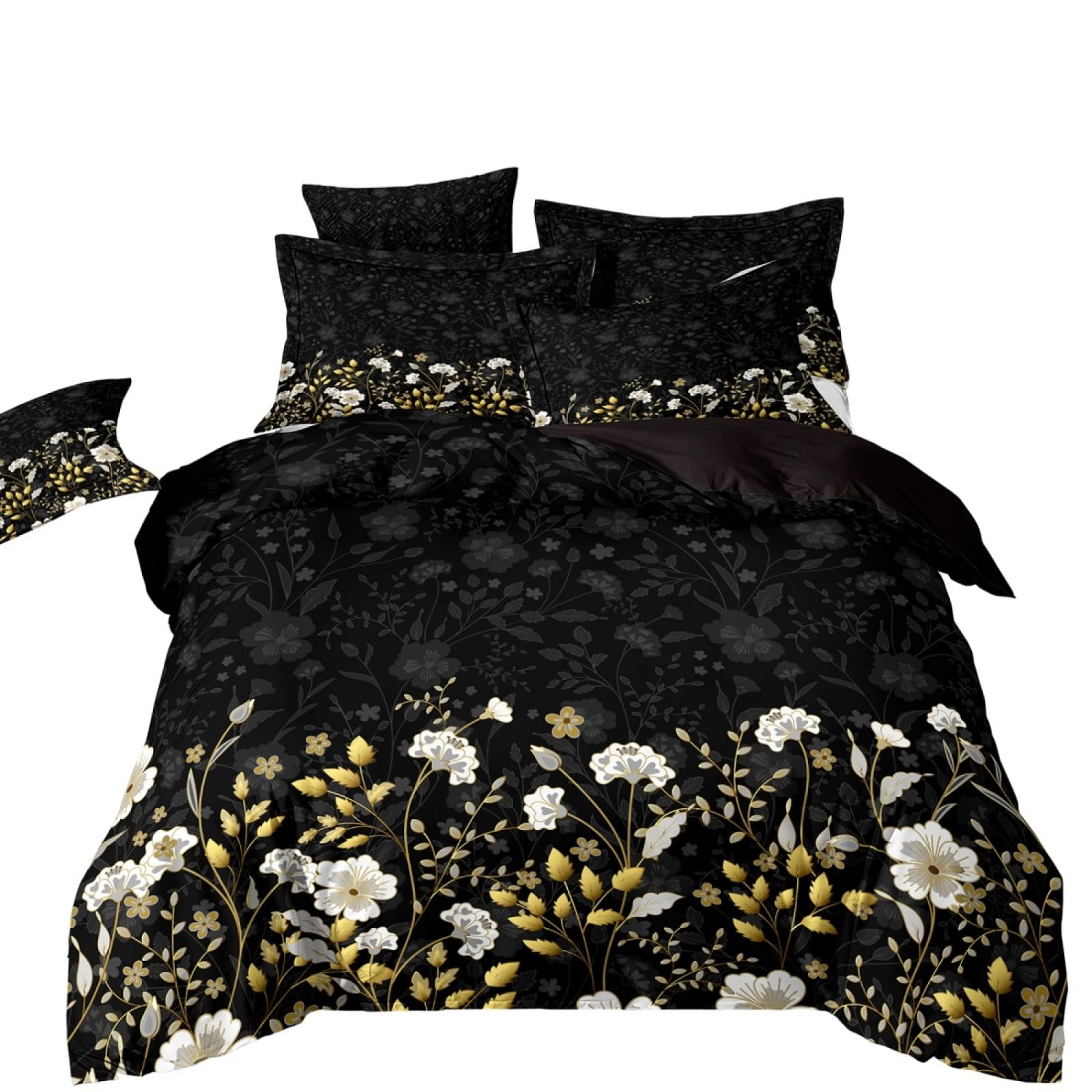 Double Duvet Set Golden Black Flower Bedding Double Bed Set