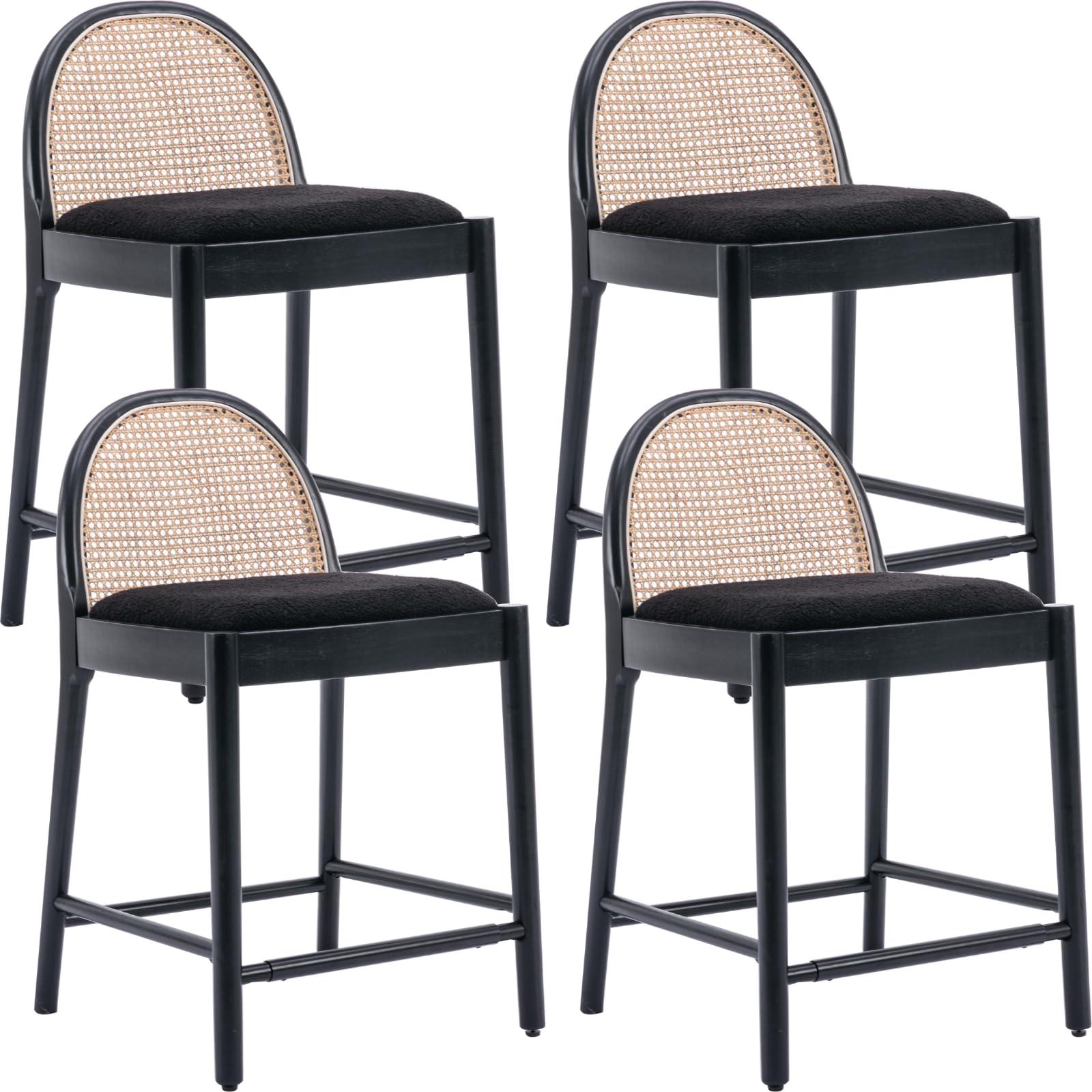 Ya-Home Mid-Century Bar Stools Set of 4, 26 Inch Rattan Back Sherpa Counter Height Barstools Comfy Upholstered Bar Chairs with Wooden Legs for Kitchen