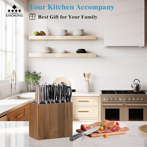 Miniatura 6 de ENOKING Soporte universal para cuchillos con tapa de plástico, bloque de cuchillos de madera de acacia sin cuchillos para tijeras, barra de afilar y