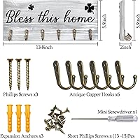Vista 6 de Soporte de pared para llaves con palabras "Bless This Home", colgador de llaves de madera rústica con 6 ganchos para decoración de casa de campo