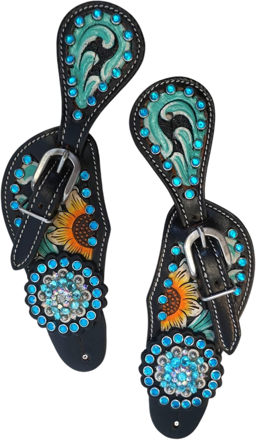 Black Tooled Leather Spur Straps with Painted Yellow Teal Accents and Teal Iridescent Crystal Conchos