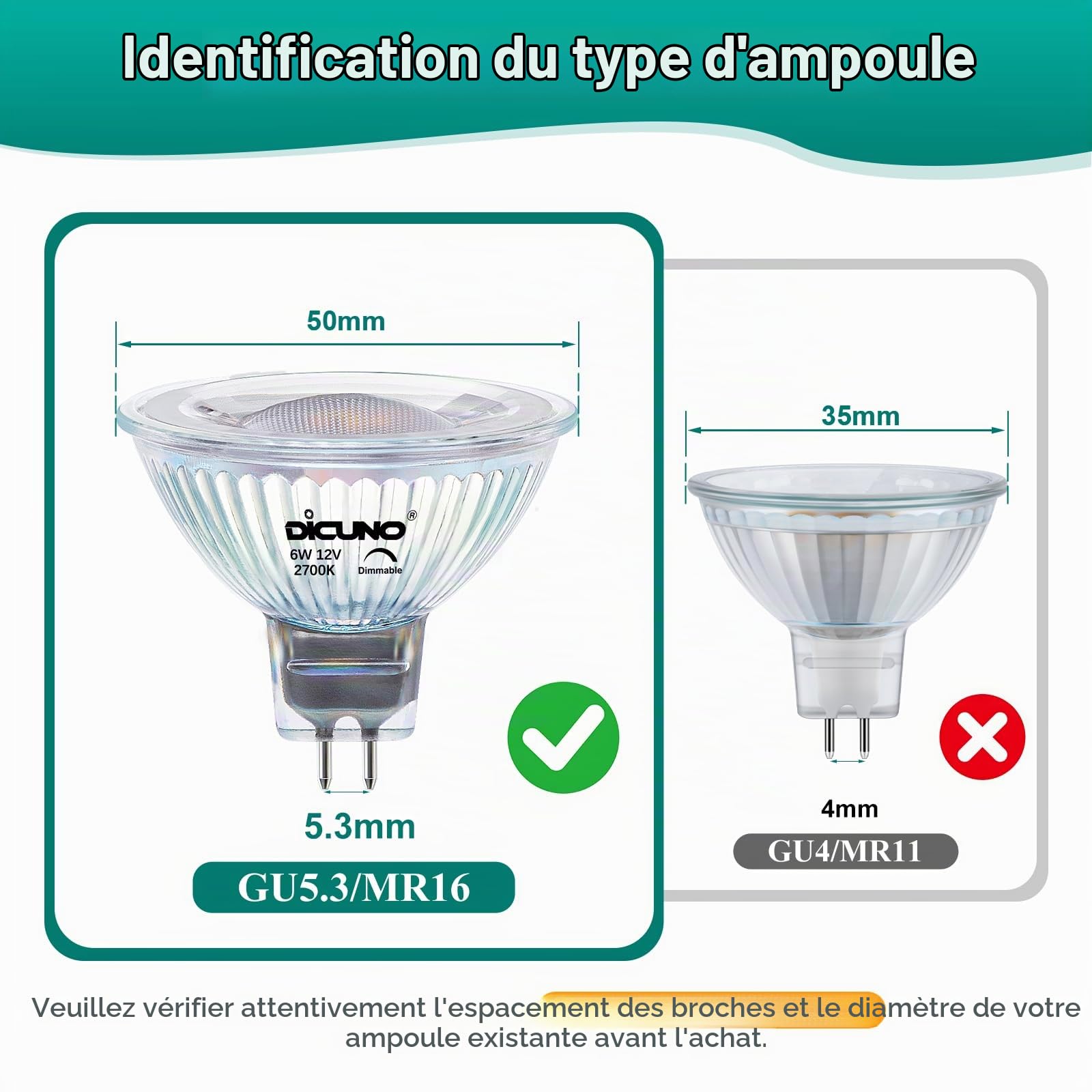 DiCUNO Ampoule LED GU5.3 MR16 Dimmable, 6W=60W, 2700K, 420lm, Lot de 10