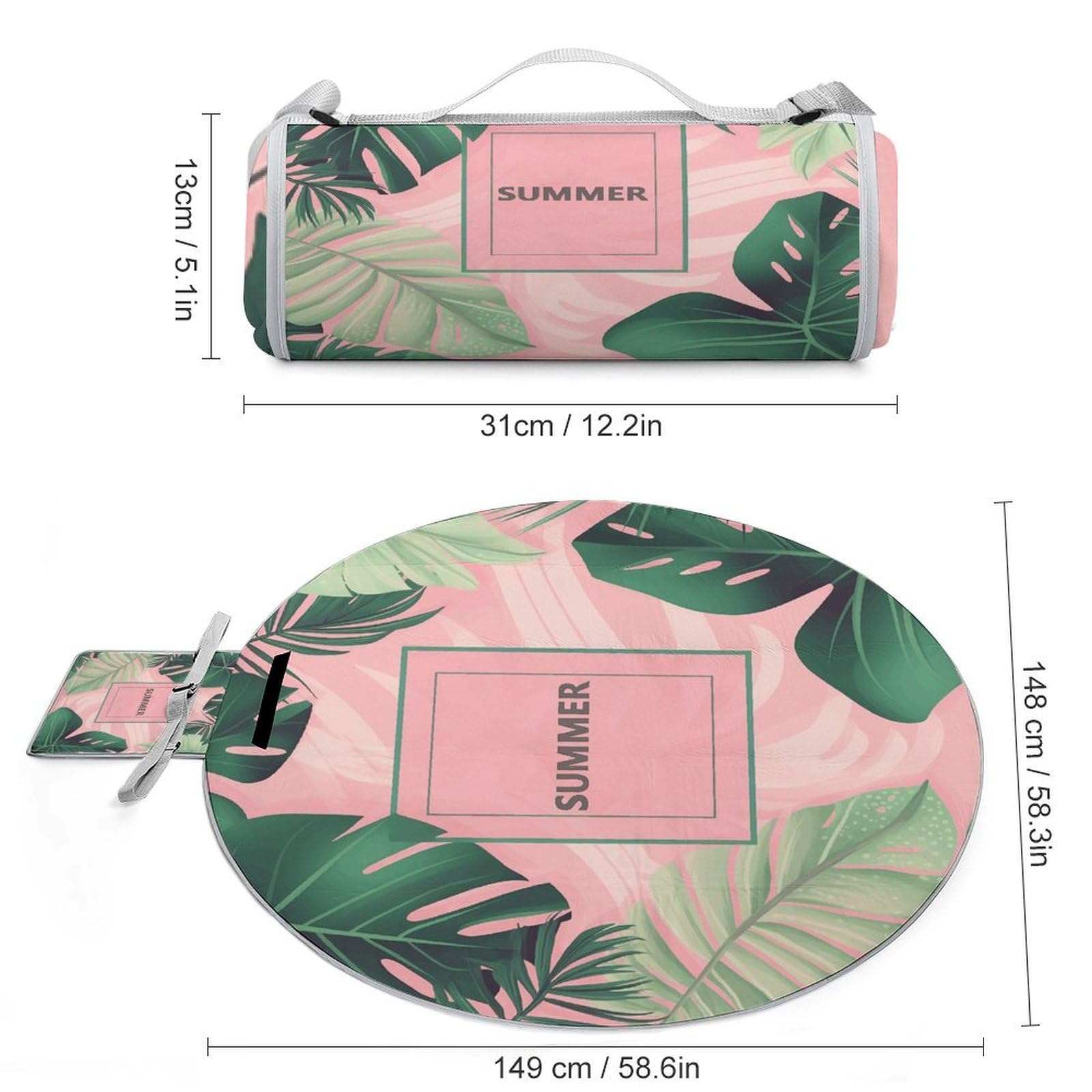 Coperta da picnic con motivo estivo, rotonda, pieghevole, leggera, coperta da spiaggia impermeabile, coperta per esterni per primavera, estate, campeggio, parco, erba da viaggio
