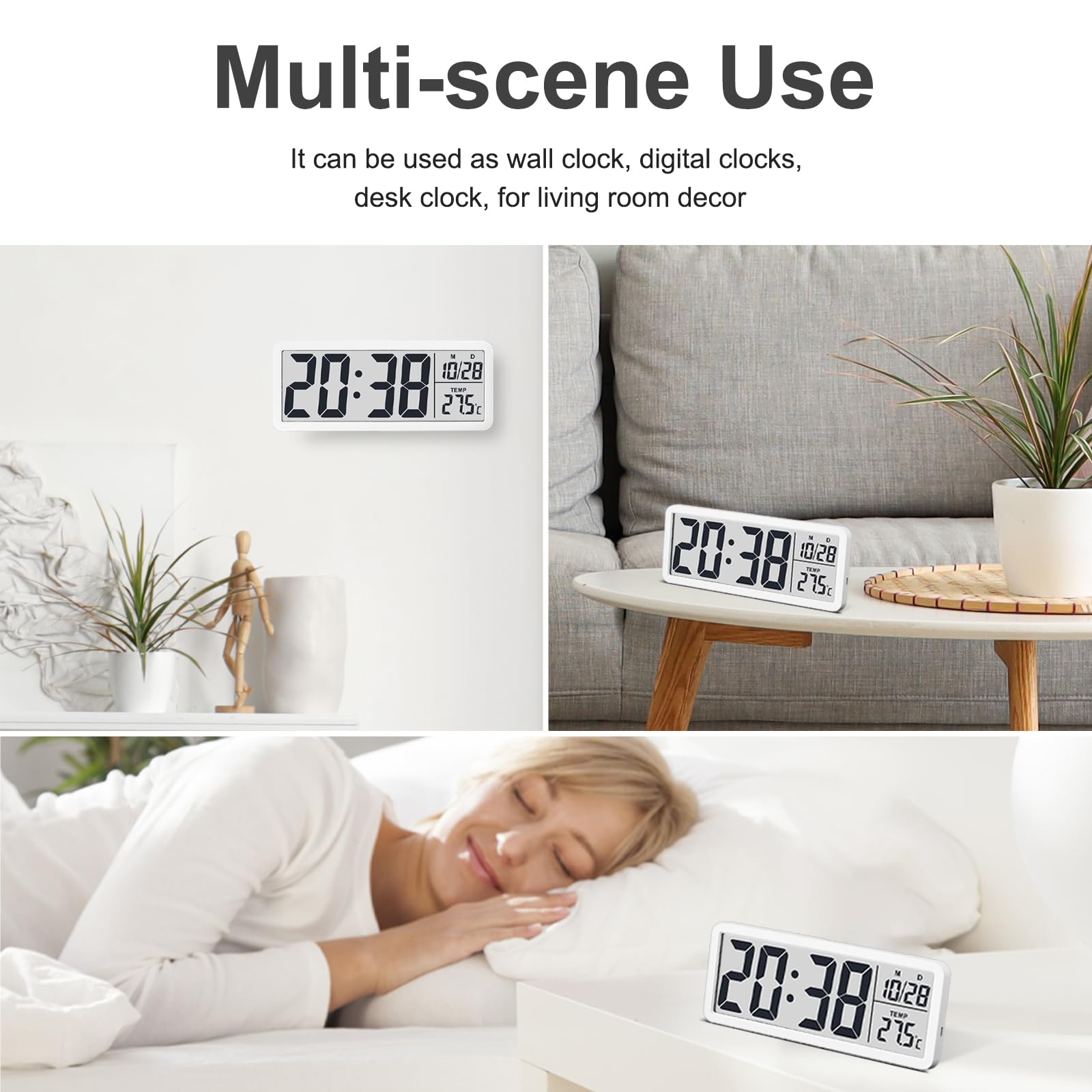 JoFomp LCD Digitale Wanduhren Batteriebetrieben, 8,5 Zoll Moderne Wanduhren für Wohnzimmer Dekor, Einfache Digitale Wanduhr mit Temperatur/Datum/Uhrzeit - 12/24H, Kleine Digitaluhr für Schlafzimmer