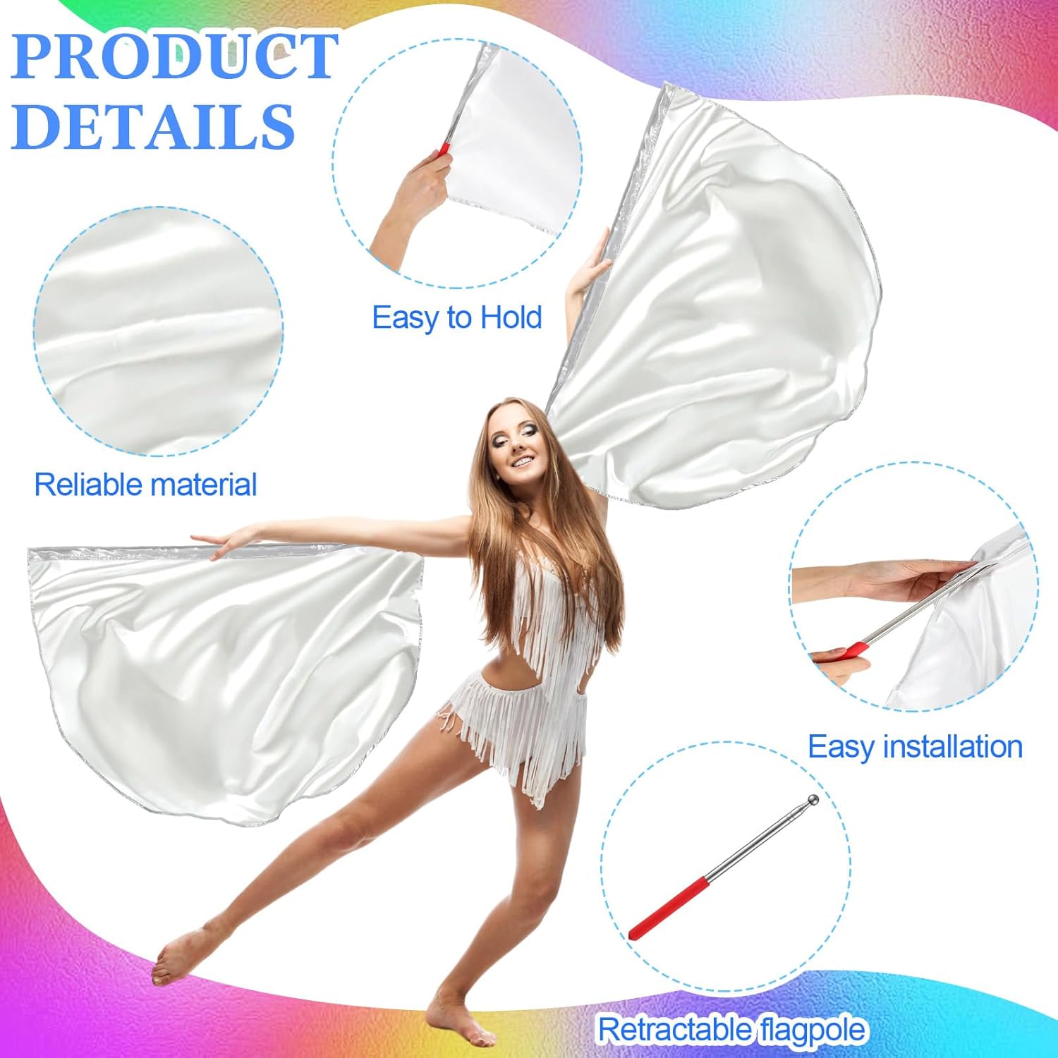 HunnmingRe 8 Set Worship Dance Flags with 8 Pcs Scalable Rod 29.5 x 39.3 Inch Praise Church Flags Semicircle Worship Angel Wing for Girls Adults Practice Performance(Silver,Purple,Blue,Red)