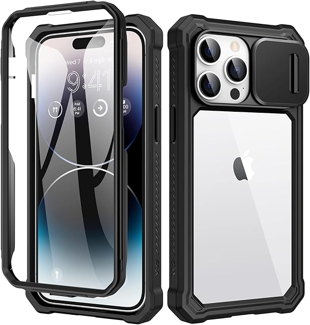 Doeshine for iPhone 14 Pro Max Case with Screen Protector & magnetic Slide Camera Cover, 360°Full body Military Heavy Duty Protection Shockproof Phone Case Cover for iPhone 14 Pro Max (Black)