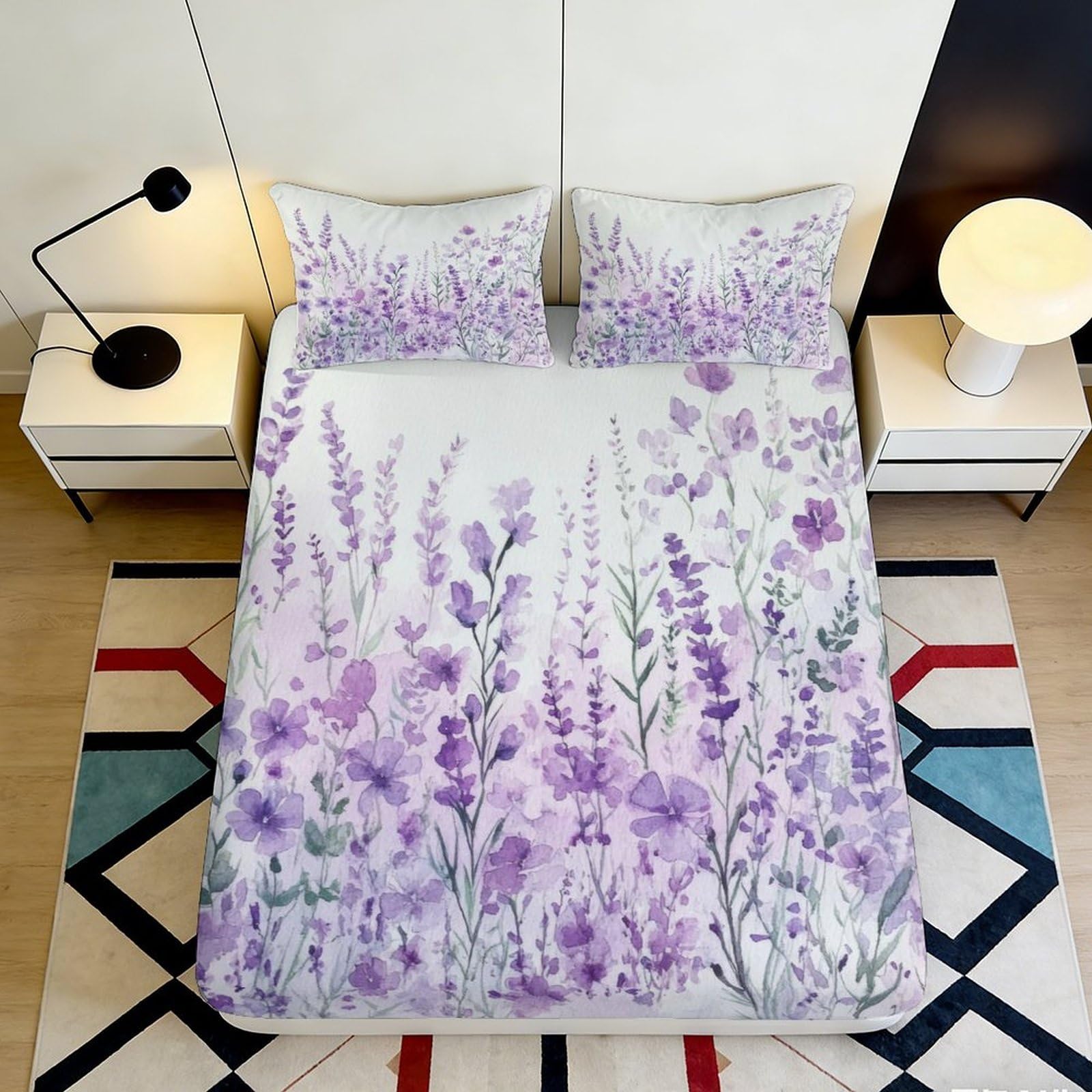 Jqzkxnhpbr Style-9 3D Printed Lavender Floral Fitted Sheet Microfiber Soft Purple Wildflower Bed Cover For Bedroom Dorm Mattress Protection Decor 90X200x25cm