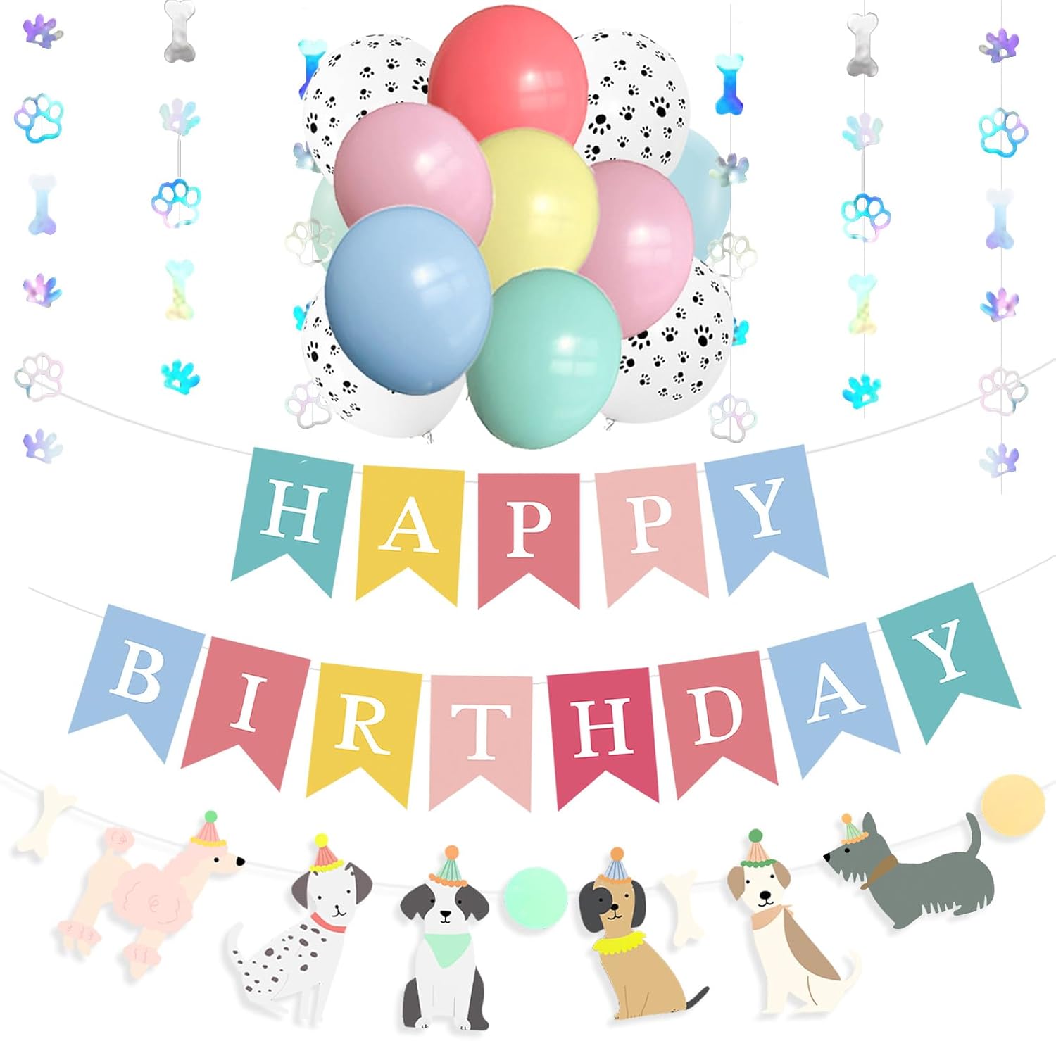 Dog Banners Paw Paper Garland Dog Happy Birthday Paper Hanging Cutouts Colorful for Kids Pet Themed Birthday Baby Shower Party Decorations
