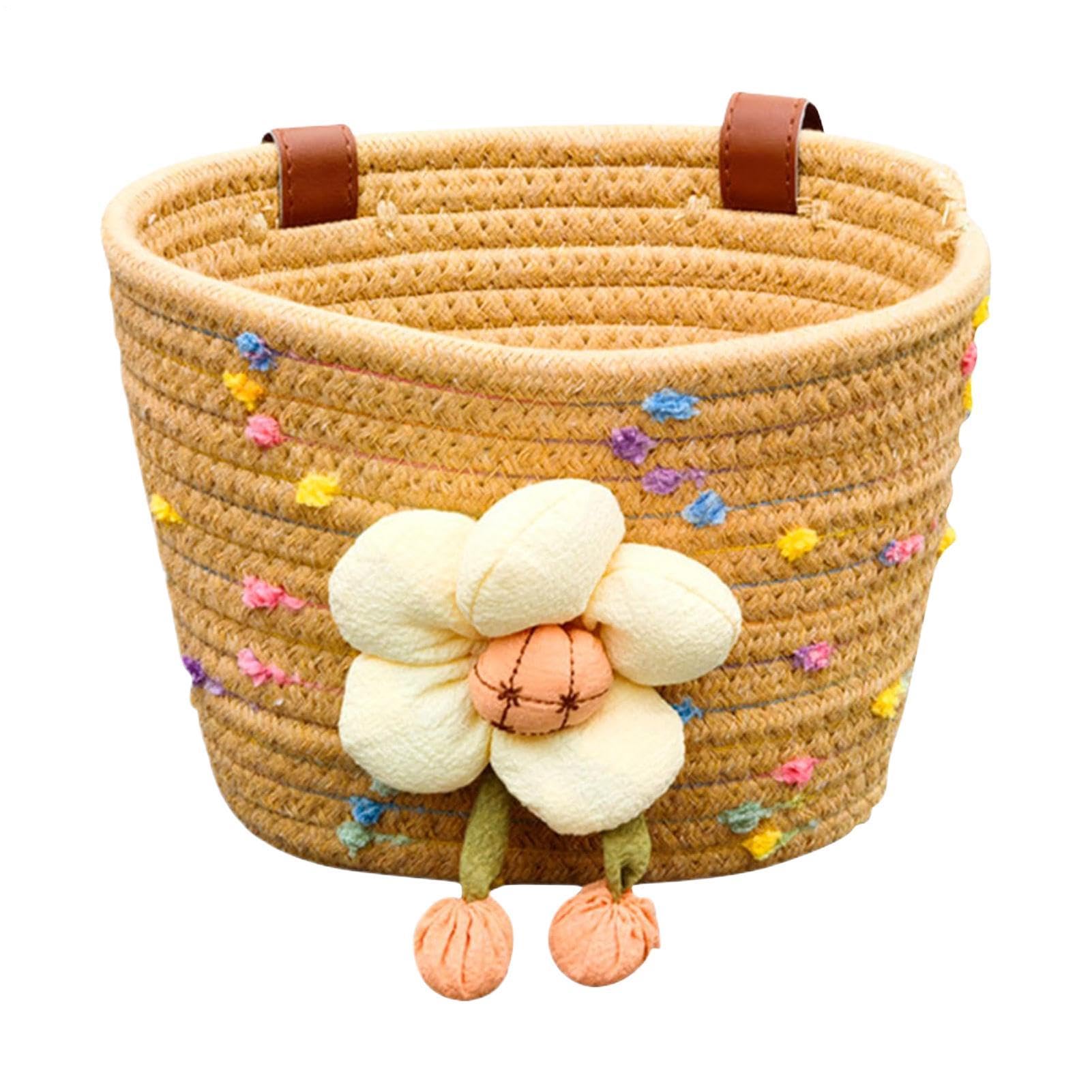 Kids Bicycle Basket - Hand Woven Cotton Rope Plush Flower, Kids Small Bicycle Basket for Scooters, Tricycles, Balance Bikes, Beverages Keys Small Toys Storage Front Handle Use