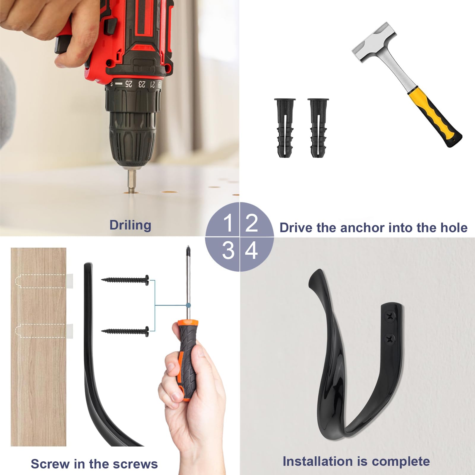 Lot de 4 embrasses de rideau, embrasses murales décoratives en alliage d'aluminium avec vis et ancrages, crochets de rideau ondulés en U robustes pour décoration intérieure (4, Noir)