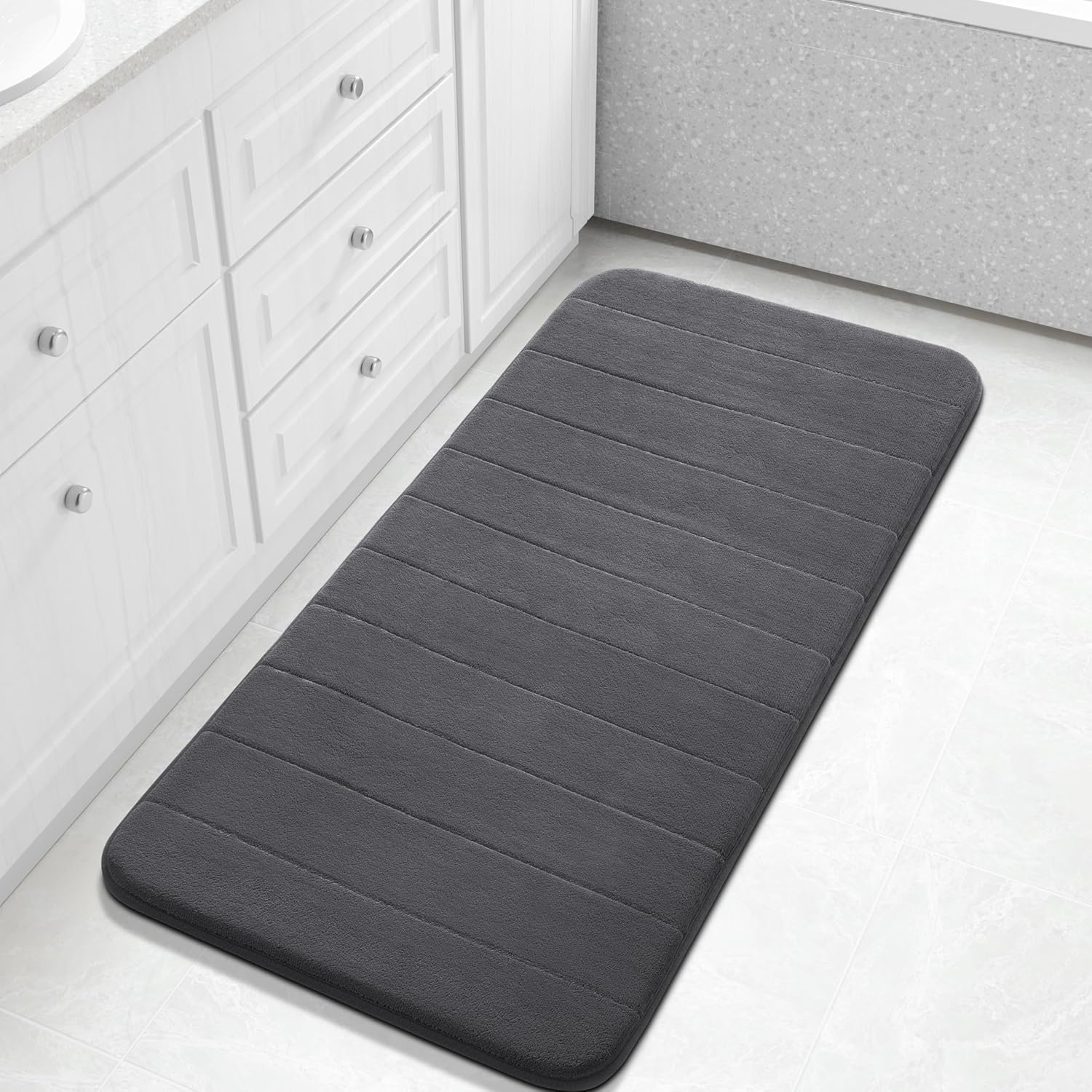 Yimobra Memory Foam Bath Mat 112 x 61 cm, Non Slip Bathroom Mat, Soft Absorbent Quick Dry Bath Rug, Machine Washable for Shower, Sink and Bathroom, Dark Gray