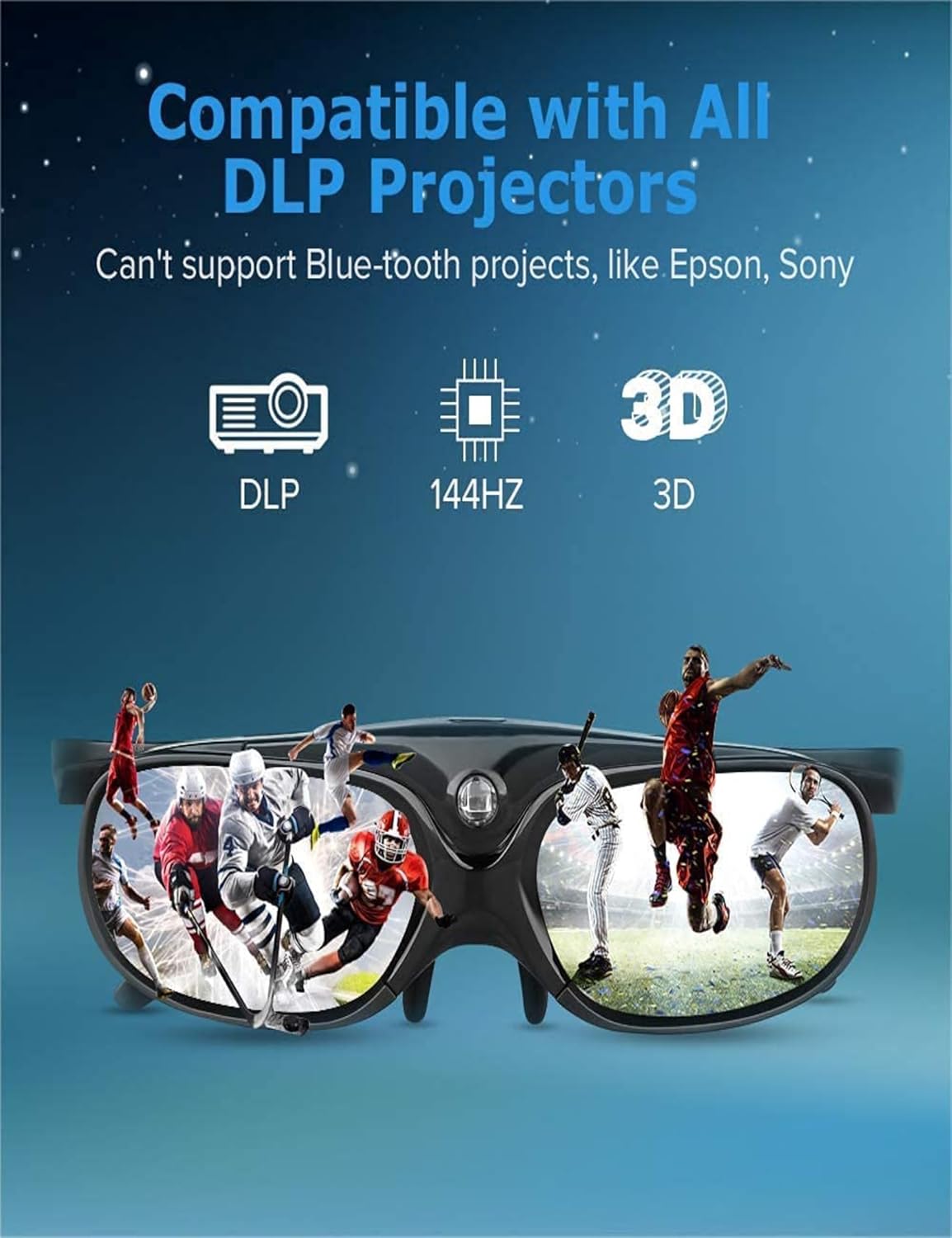 Bewinner DLP Link 3D Glasses compatible with all DLP projectors, showing icons for DLP, 144Hz, and 3D.