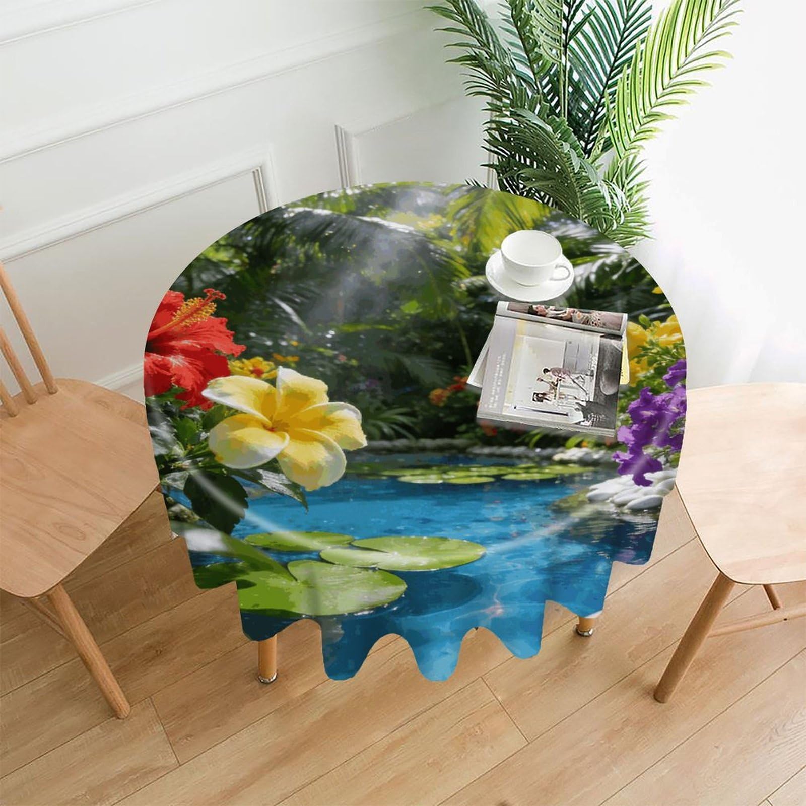 LDGSUPH Tropical Garden Round Tablecloth Cover Washable Luxurious Fabric Table Cover Decor Wrinkle Free Fashion Round Table Cloth for Home Dining Kitchen Party 60 in