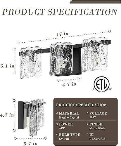 Miniatura 7 de OS-MM5002-3BK - Lámpara de tocador de baño de 3 luces, lámpara de baño negra sobre espejo con vidrio transparente, lámpara moderna de pared de baño