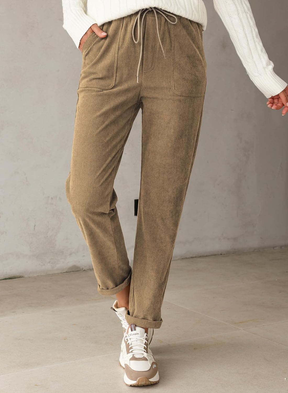 EVALESS Corduroy Pants for Women Casual Drawstring Elastic High Waist Straight Leg Pants Loose Comfy Trousers with Pockets - Image 6