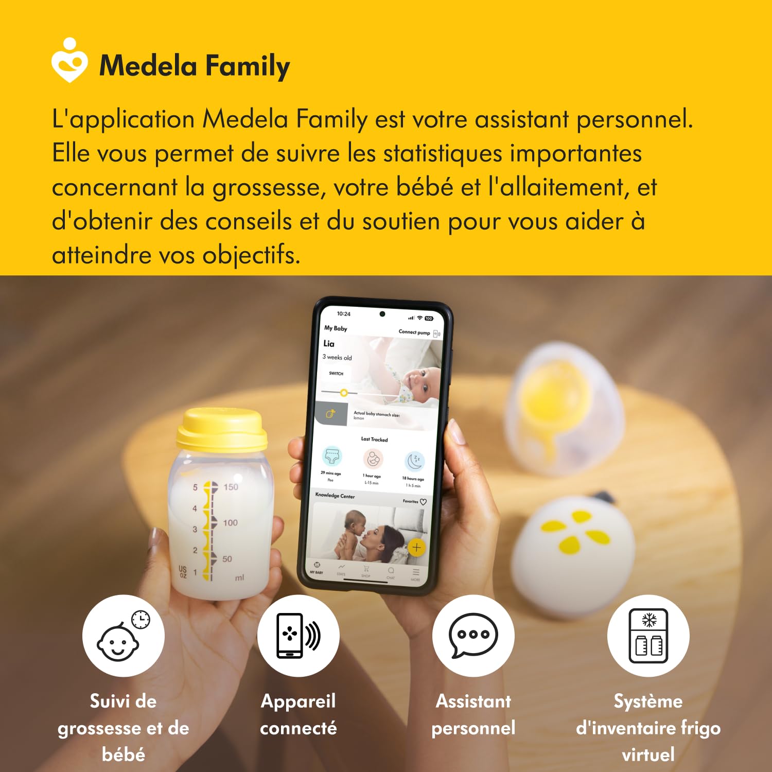 Medela Tire-lait électrique simple Solo Hands-Free, design léger et compact, compatible avec l'application Medela Family