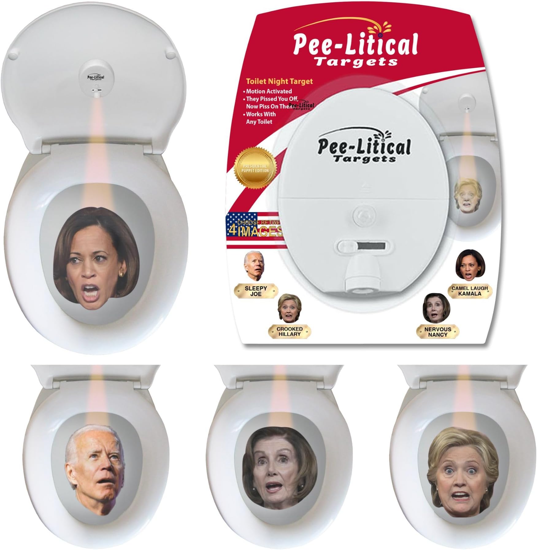 Pee-Litical Targets, Motion Activated Toilet Target Light with Images of Kamala Harris | Joe Biden | Hillary Clinton | Nancy Pelosi