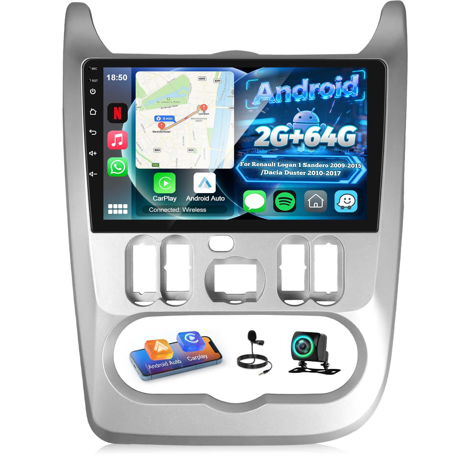[2G+64G] Android Autoradio pour Renault Logan 1 Sandero 2009-2015/Dacia Duster 2010-2017 avec sans Fil Carplay et Android Auto, Écran Tactile HD de 9 Pouces avec GPS/WiFi/Bluetooth/EQ/FM RDS
