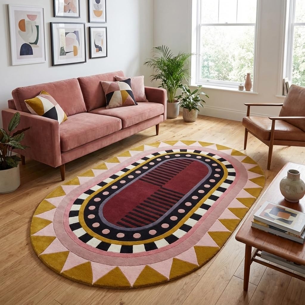 Handmade Oval Geometric Wool Area Rug – Modern Art Deco Inspired Abstract Concentric Pattern, Soft Plush Floor Carpet for Living Room Bedroom Dining Room (Ivory/Neutral Multi, 3' x 5')