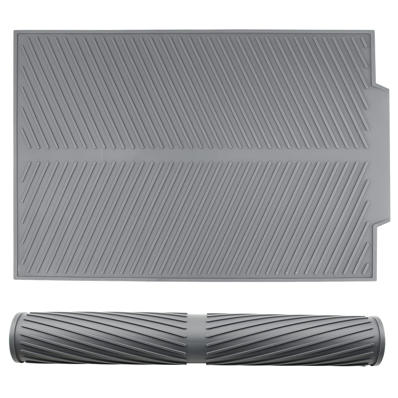 Woodfib Grey Dish Drying Mat, 43X33cm Non-Slip Silicone Kitchen Drying Mat, Flume Drain Board Drainer Mats For Kitchen Universal Drain Board