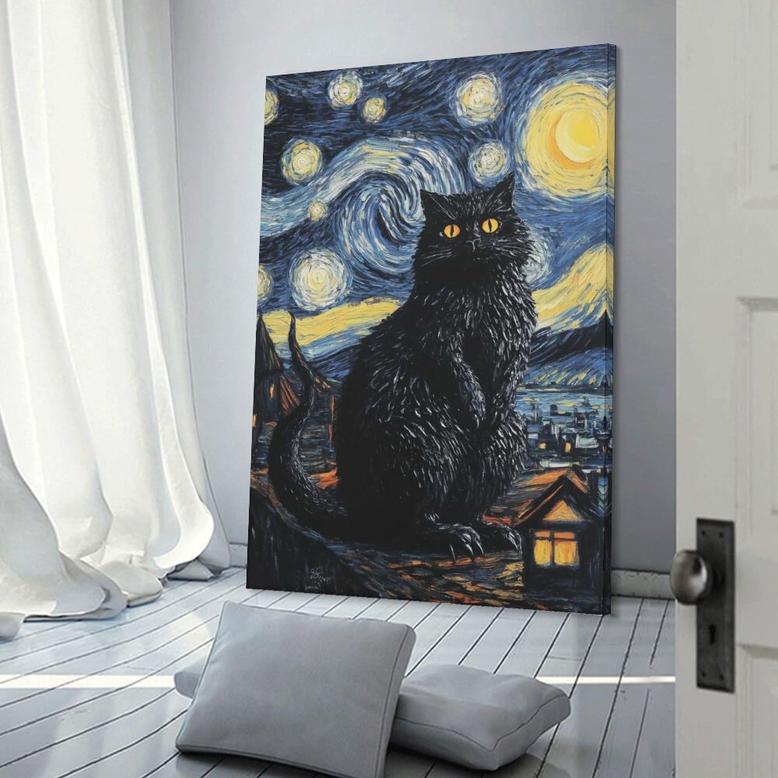 Junmoney Frame-Style-19 Canvas Art Print Starry Night Cat, 12X18inch(30X45cm), For Contemporary Homes, Apartments Or Offices, Decorative Canvas Decor For Home Updates