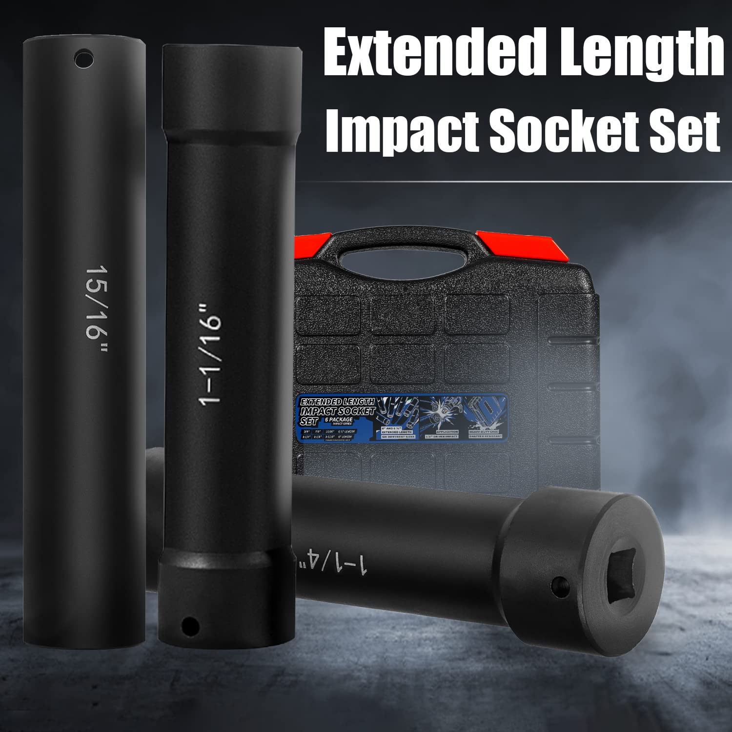 Juego de llaves de impacto de longitud extendida con funda resistente, incluye enchufes de 3/10.2 cm, 7/20.3 cm, 15/40.6 cm, 1-1/40.6 cm, 1-1/20.3 cm y 1-1/10.2 cm