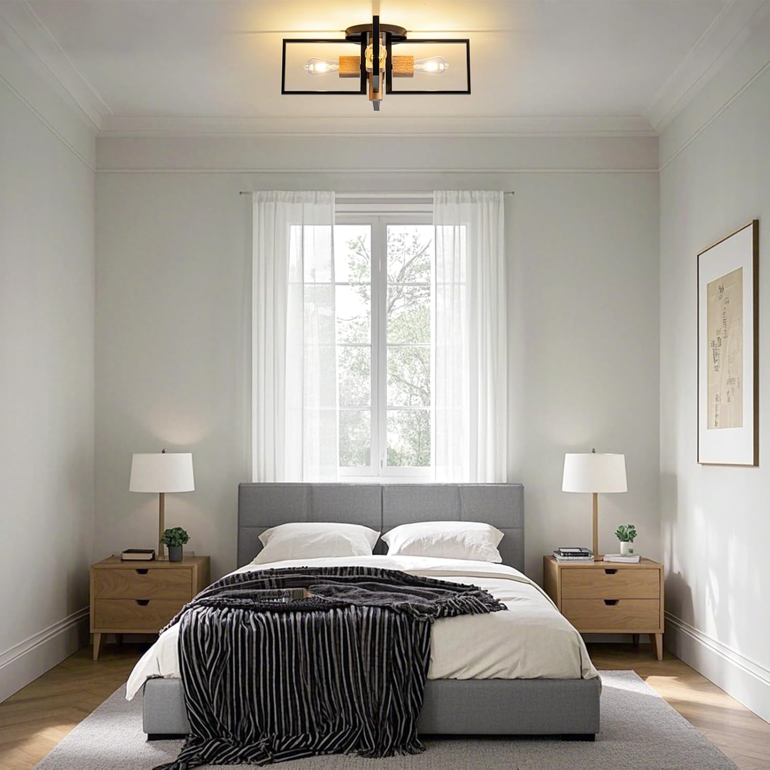 Industrial Ceiling Light Black 4 Light Semi Flush Mount Lights Wood Sputnik Light Fixture 24" Farmhouse Ceiling Light for Kitchen Bedroom Bathroom Foyer Hallway E26