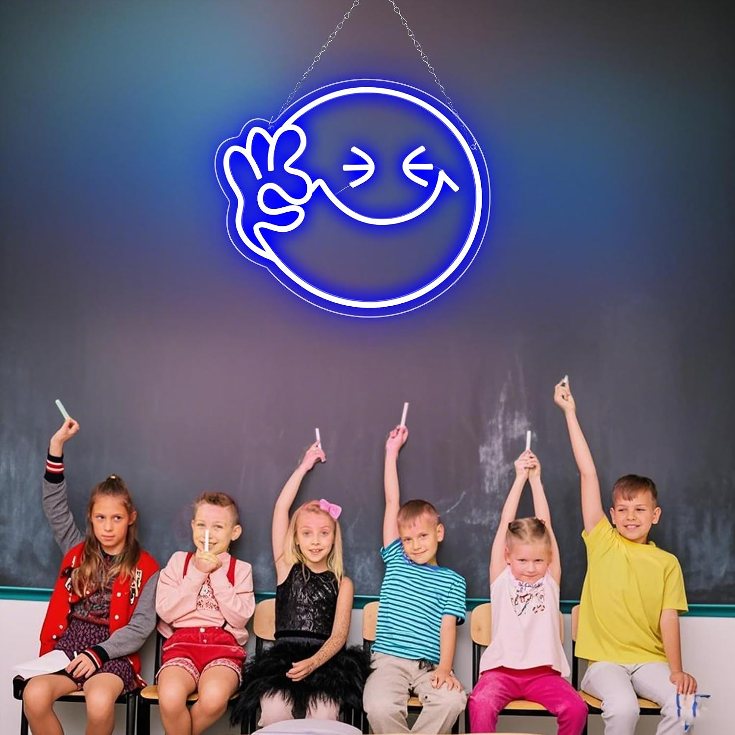 Smile Face Neon Sign Blue, Emoji Smile OK Neon Light for Wall Decor, USB Powered, Dimmable Happy Face Led Neon Sign for Kids Room, Class Room, Home Decor, Party, Christmas, Birthday Gift