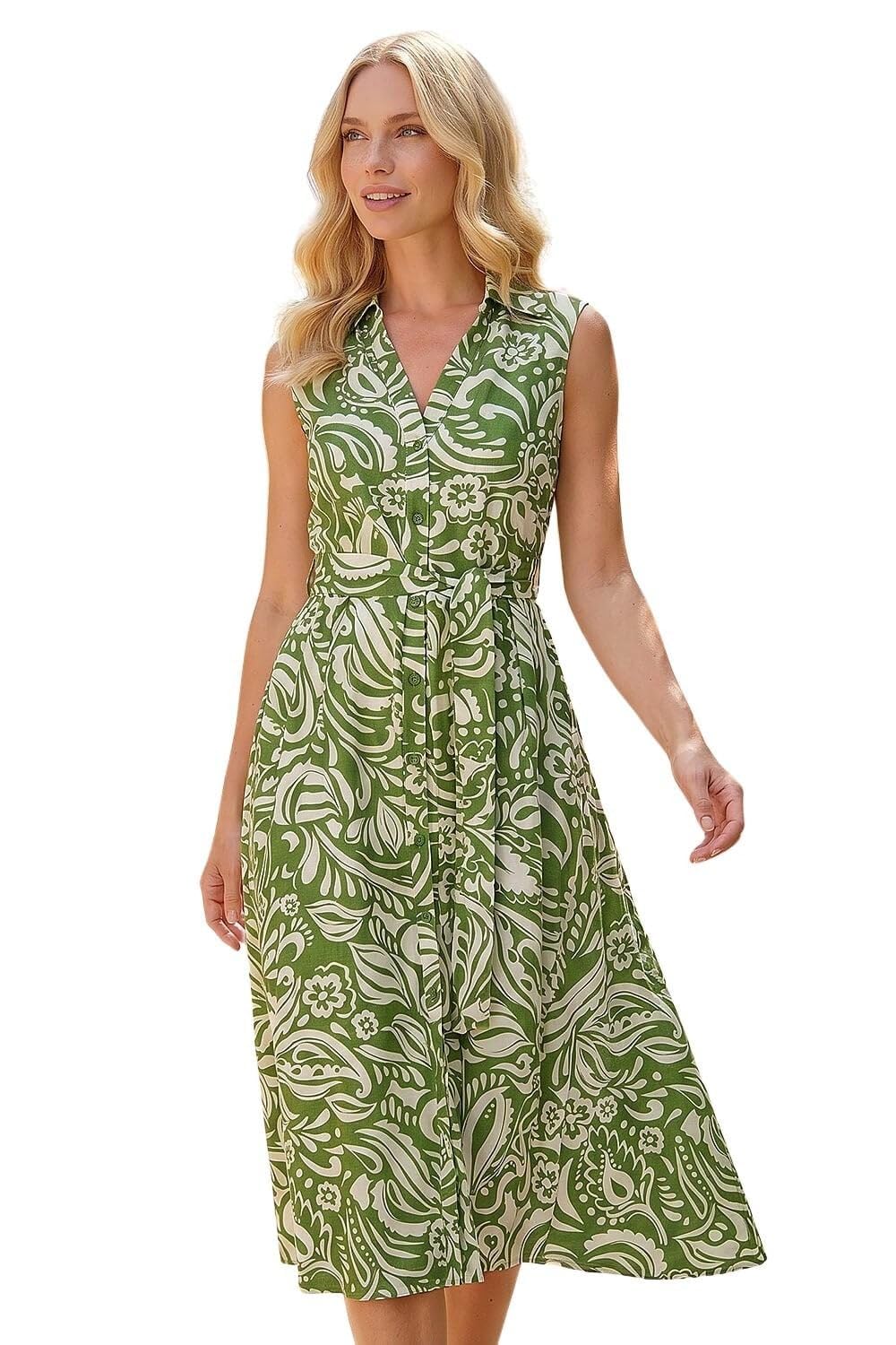 Roman Originals Women's Petite Green Ivory Roman Shirt Dress For Uk Short Sleeve Sleeveless Belted Collared Midi Maxi Summer Spring Smart Casual Button Evening Office A Line Swing Skater - Size 14