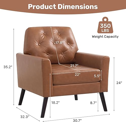Miniatura 2 de Silla decorativa para sala de estar, silla de lectura moderna de mediados de siglo, sillón tapizado con respaldo copetudo y patas de madera, sofá PU
