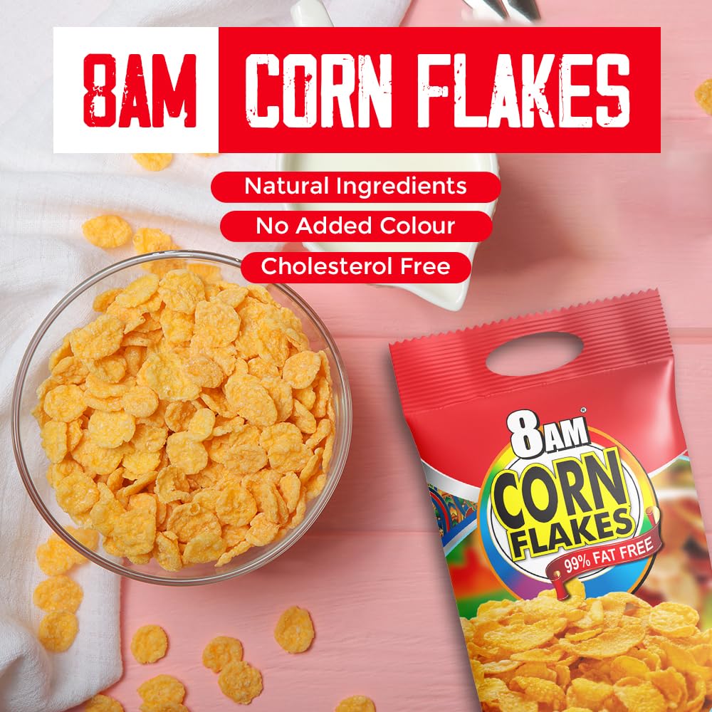 8AM Corn Flakes, Made with Golden Corns, Delicious and Nutritious Breakfast Cereals, 99% Fat Free Crunchy and Tasty Snacks for Daily Life, Include Light and Crispy Whole Grain, 500gm Pouch (Pack of 2) 3