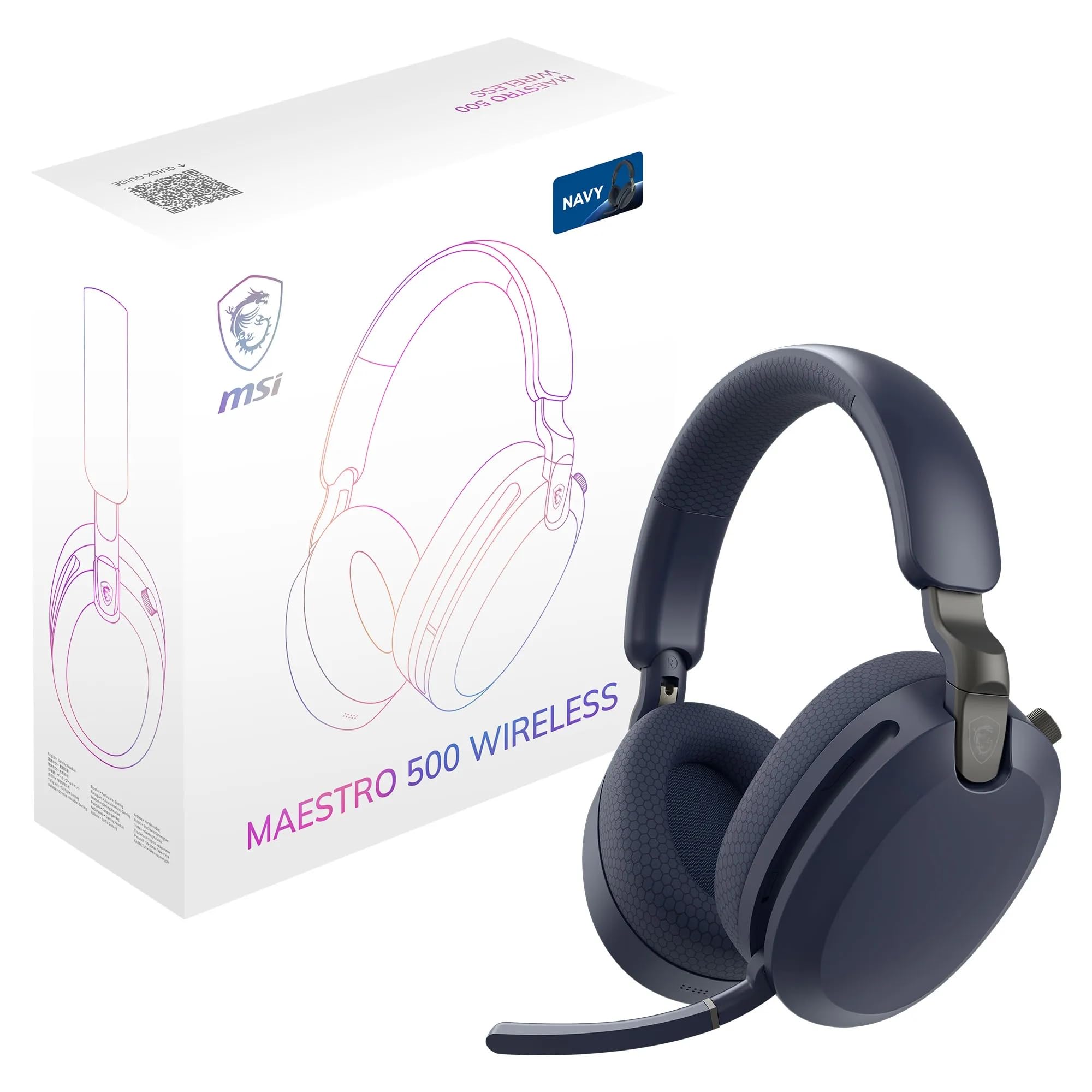 MSI Maestro 500 Wireless Navy Casque sans Fil, réduction Active du Bruit, Connexion 2,4 GHz, Bluetooth 5.4 ou Jack 3,5 mm, H-P de 40 mm, Micro rétractable « Flip-to-Mute », autonomie 90 Heures