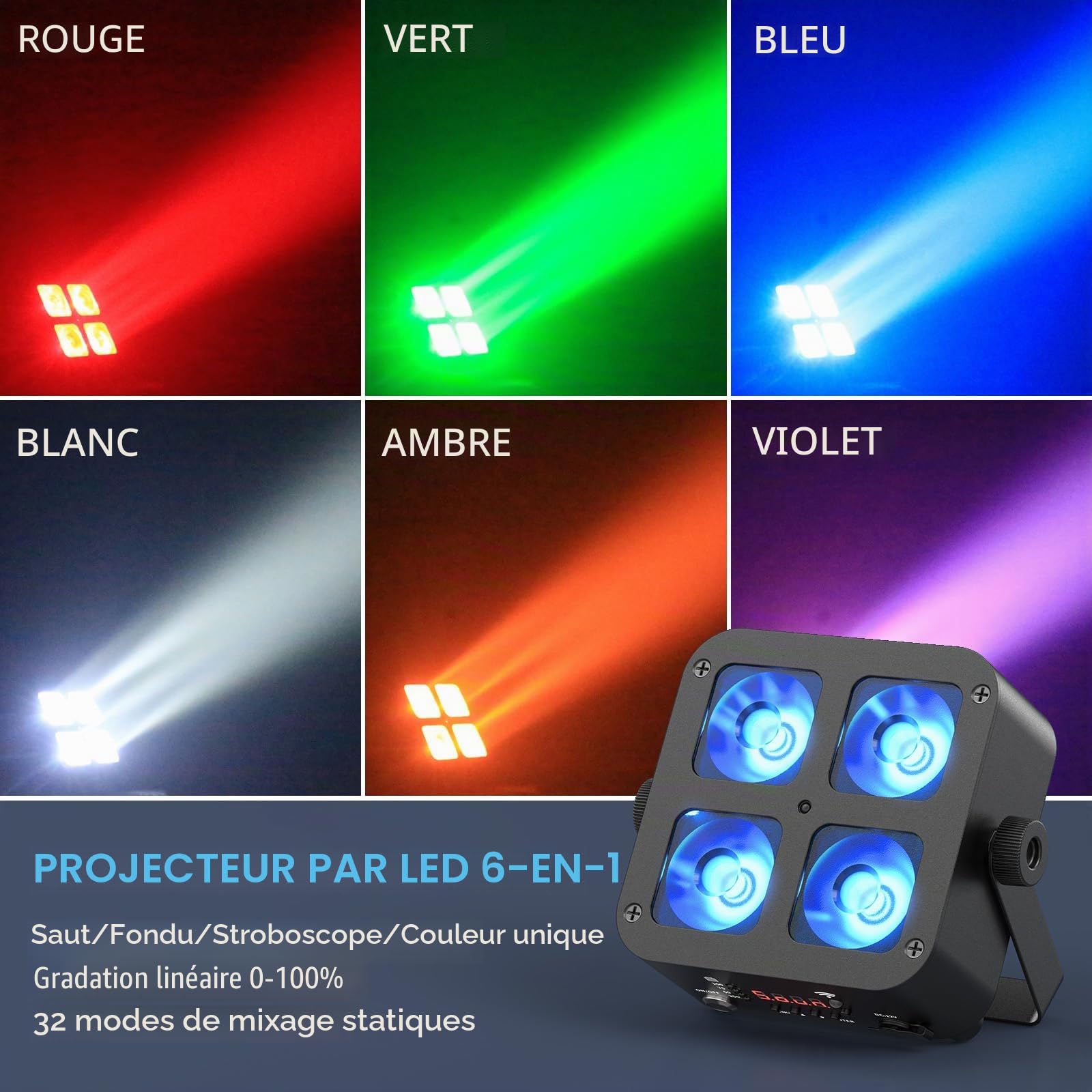 4PCS 100W LED Par Light Lumière de Scène,4 en 1 RGBWA+UV Mini DJ Fête Eclairage de Scène avec Télécommande/DMX/APP,Projecteur Recargable Lampe pour Disco Fête DJ Bar Concerts Halloween Noël