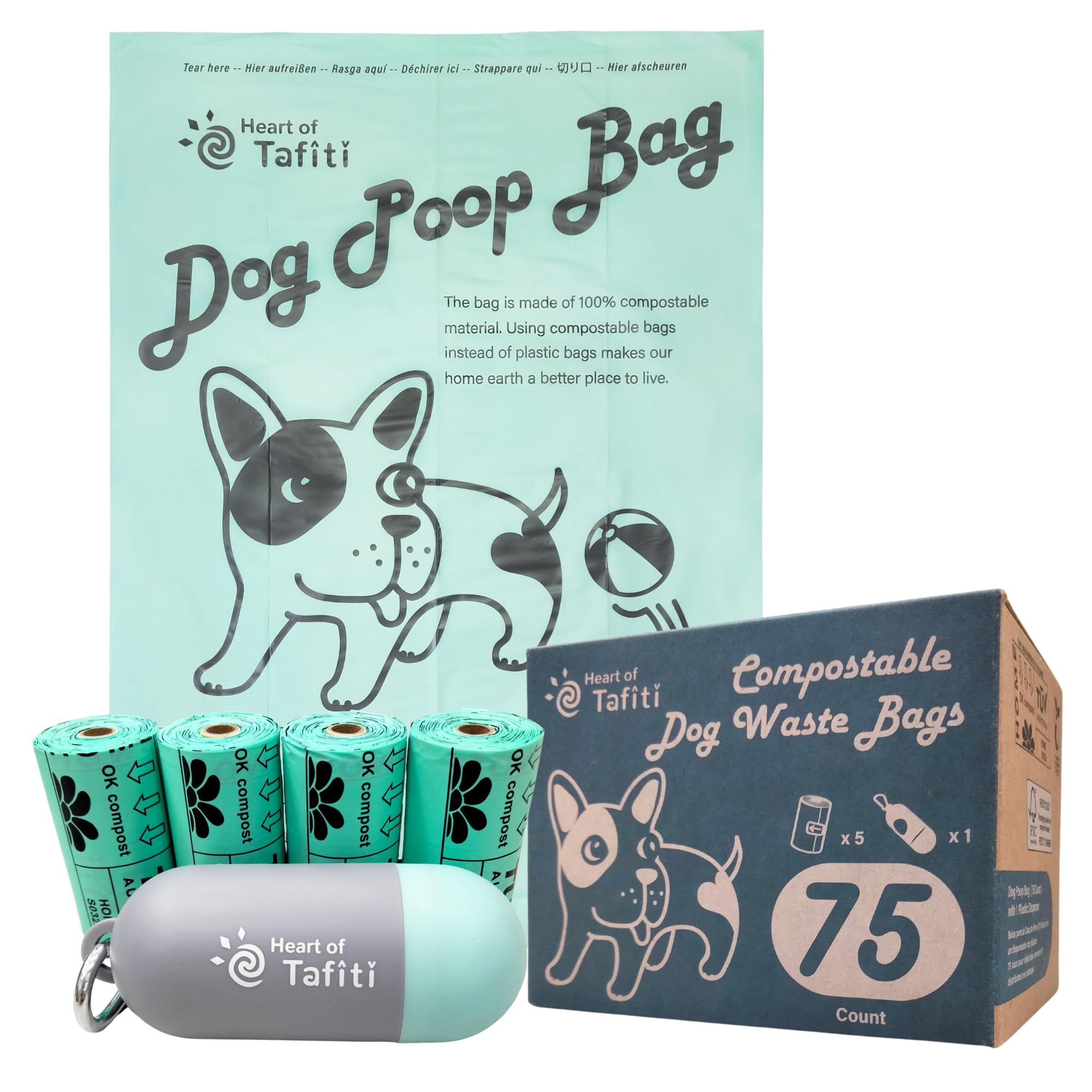 Heart of Tafiti Home Compostable Dog Poop Bags with Holder, Plant-Based Dog Waste Bags, Extra Thick & Leak Proof, Unscented Flat Bags, Eco-Friendly 9