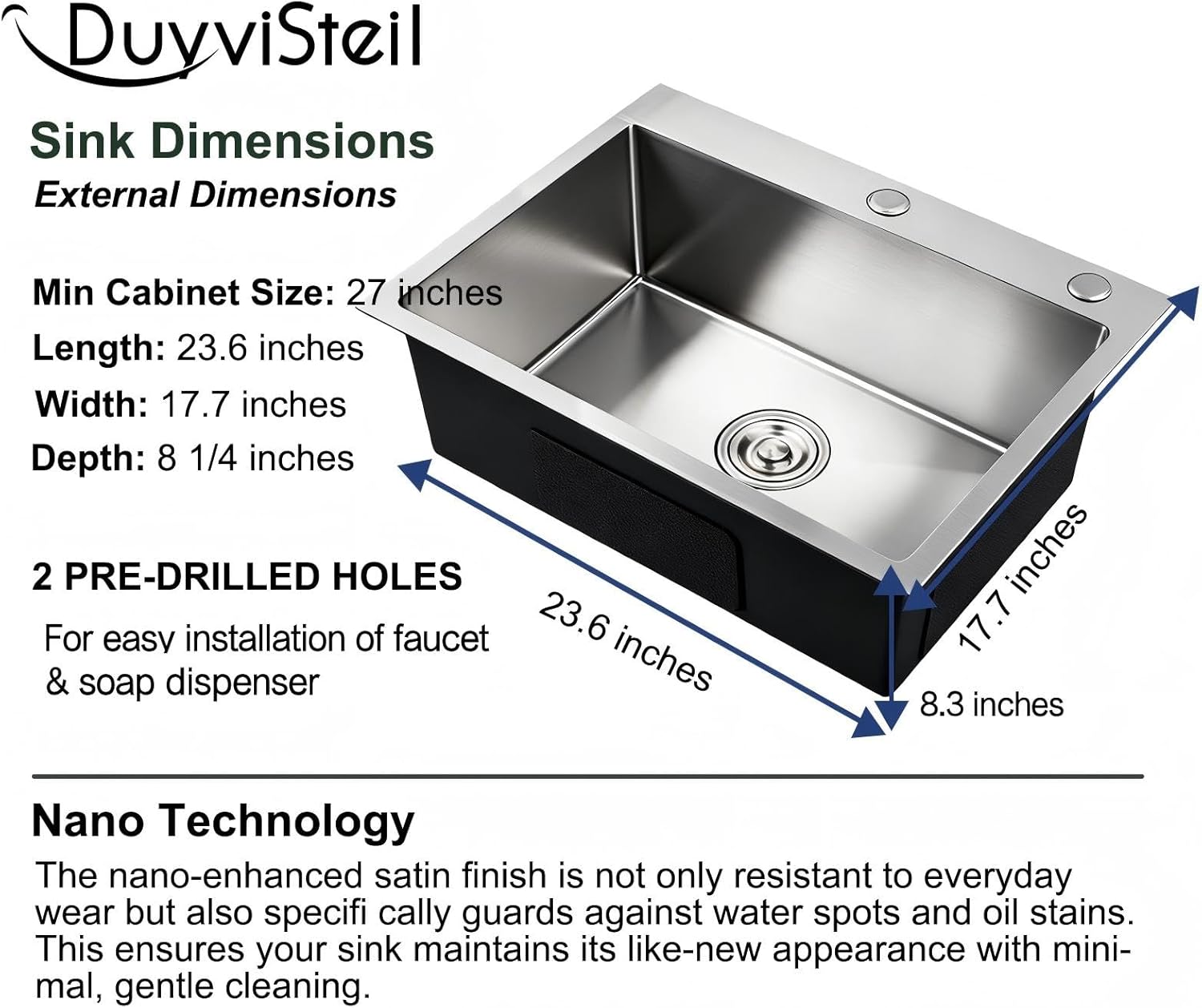 23.6 x 17.7 Inch Kitchen Sink, T304 Stainless Steel Sink, Top Mount Kitchen Sinks with Basket Strainer and Pipe