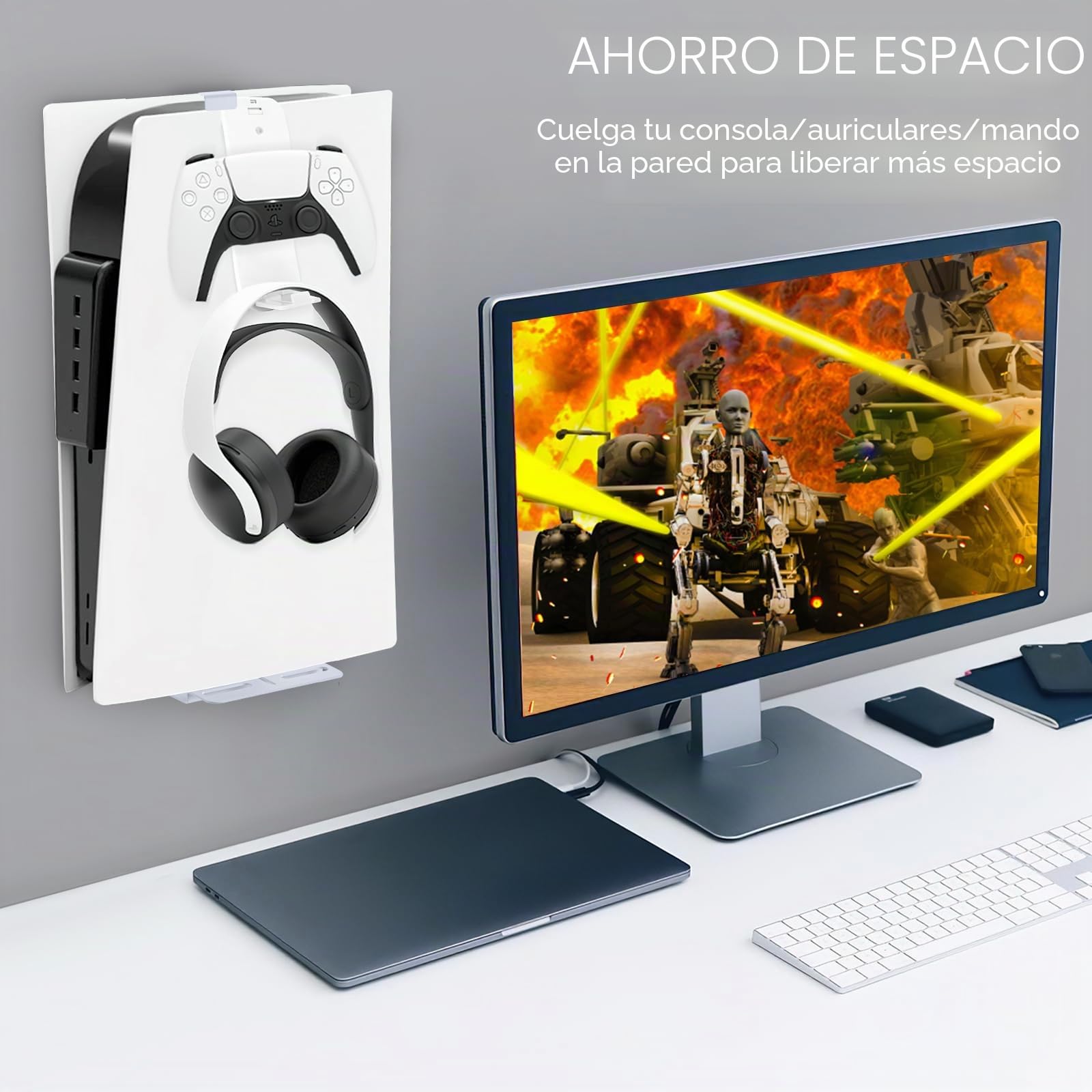 Soporte de Pared para PS5 Consola (Disco y Edición Digital) con Mando y Auriculares - Montaje en Acero para Playstation 5 (Blanco)