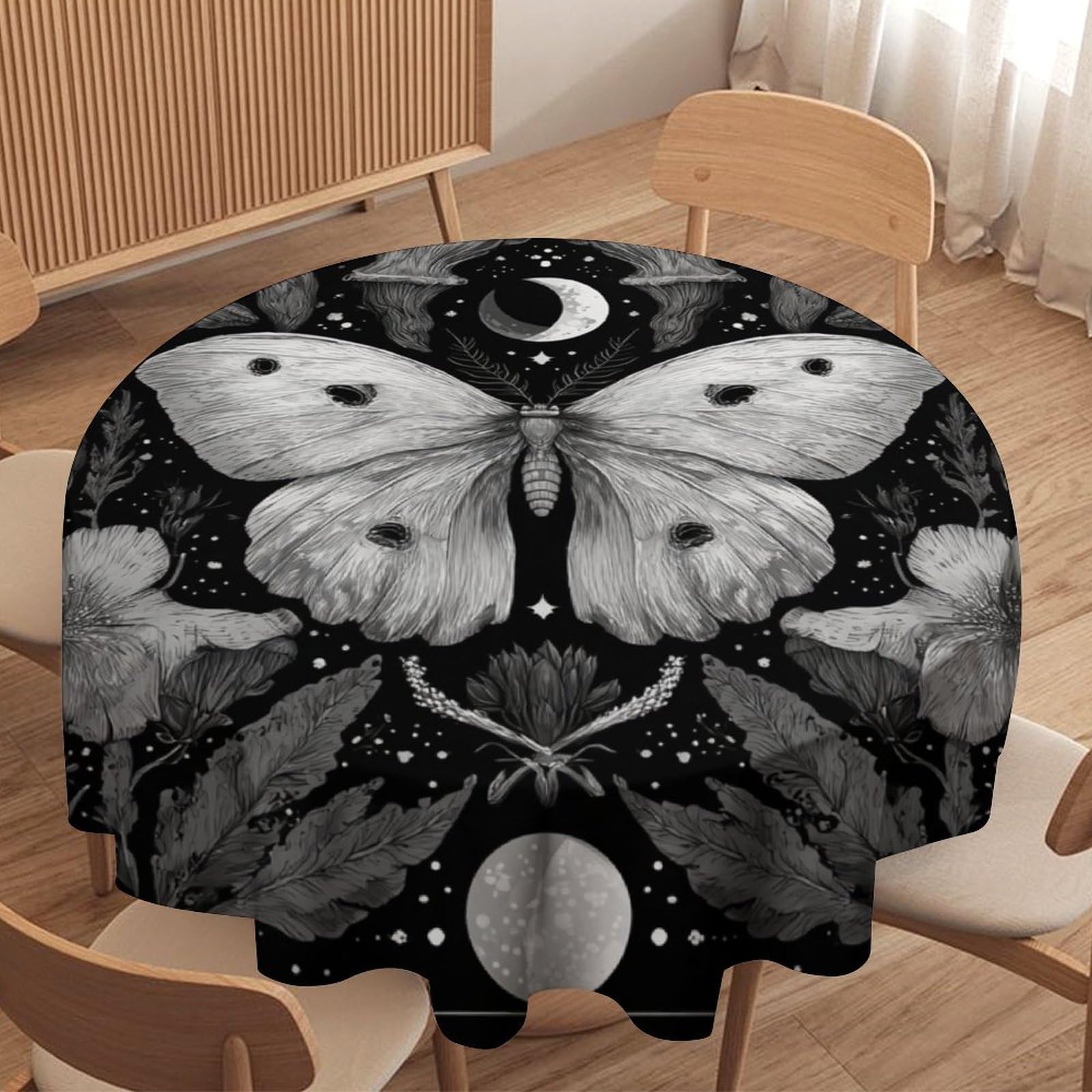 LUYYSKY Retro Classic Boho Mushroom Waterproof Round Tablecloth Beautiful Modern Moon Phase Animal Butterfly Floral Pattern Washable Table Cover for Kitchen-127 Wx127 L cm